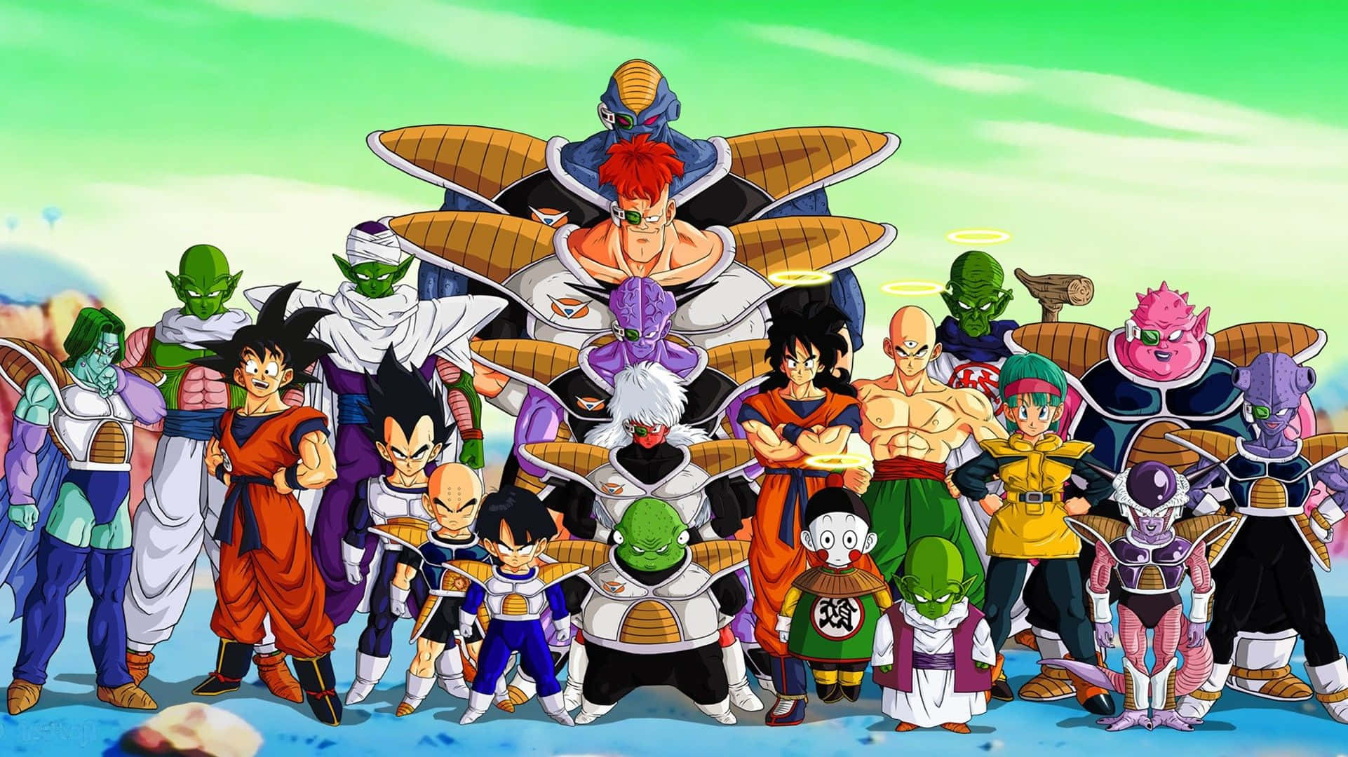 Ginyu Force 桌布 壁紙 — 一個充滿活力的動畫團體照，七龍珠角色在明亮的綠色天空下英勇地擺姿勢。