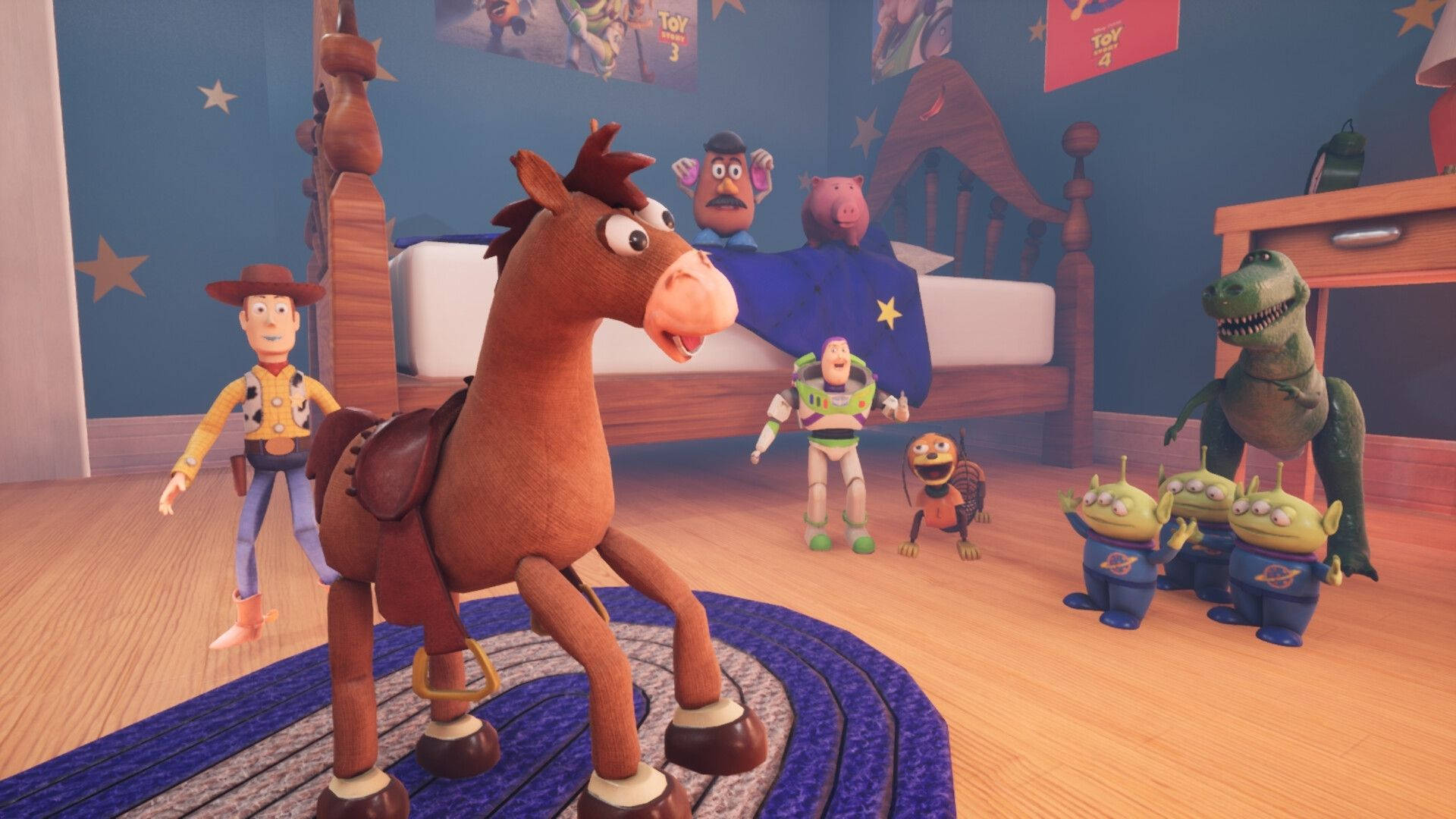 Bullseye 桌布 壁紙 — 一個充滿活力的動畫場景， featuring Woody、Buzz Lightyear 和其他《玩具總動員》角色在兒童臥室中。