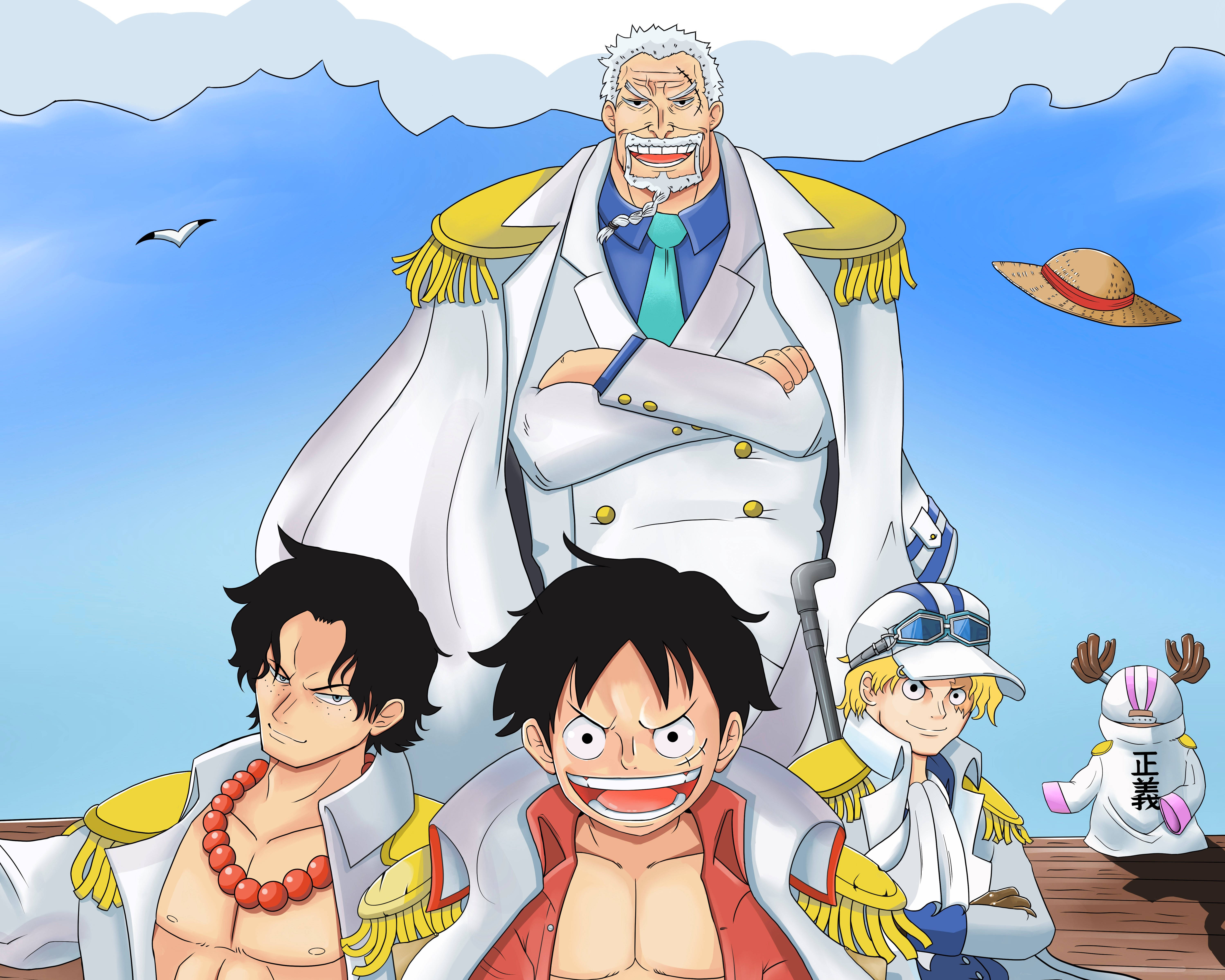 monkey d garp 桌布 壁紙 — 一個充滿活力的動畫場景，一位白髮大船長和四位堅定的船員在明亮的藍天下站在船甲板上。