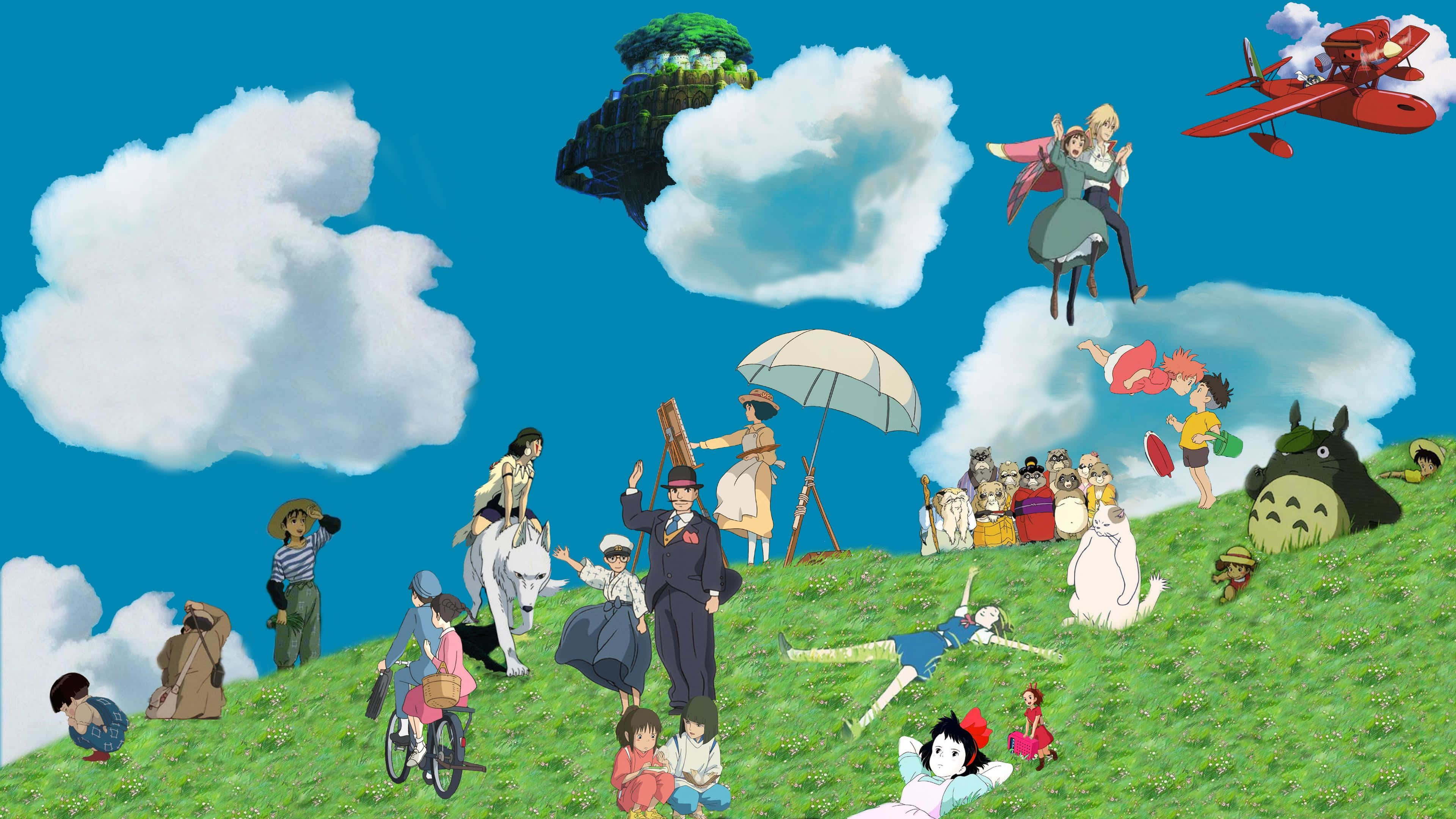 Studio Ghibli Art 桌布 壁紙 — 一個充滿活力的動畫場景，吉卜力工作室電影中的角色散落在長滿青草的山丘上，天空湛藍，白雲朵朵。