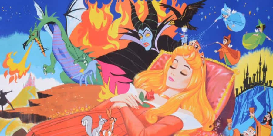 sleeping beauty 桌布 壁紙 — 一個充滿活力的動畫場景，描繪一位睡公主被龍、火焰、反派和童話角色包圍在奇幻的風景中。