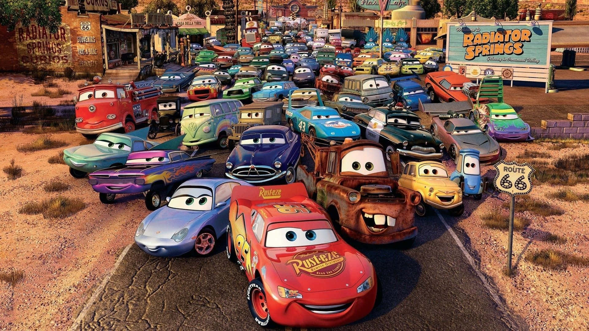 cars 桌布 壁紙 — 一個充滿活力的動畫場景，擬人化的汽車聚集在沙漠小鎮水箱溫泉鎮。