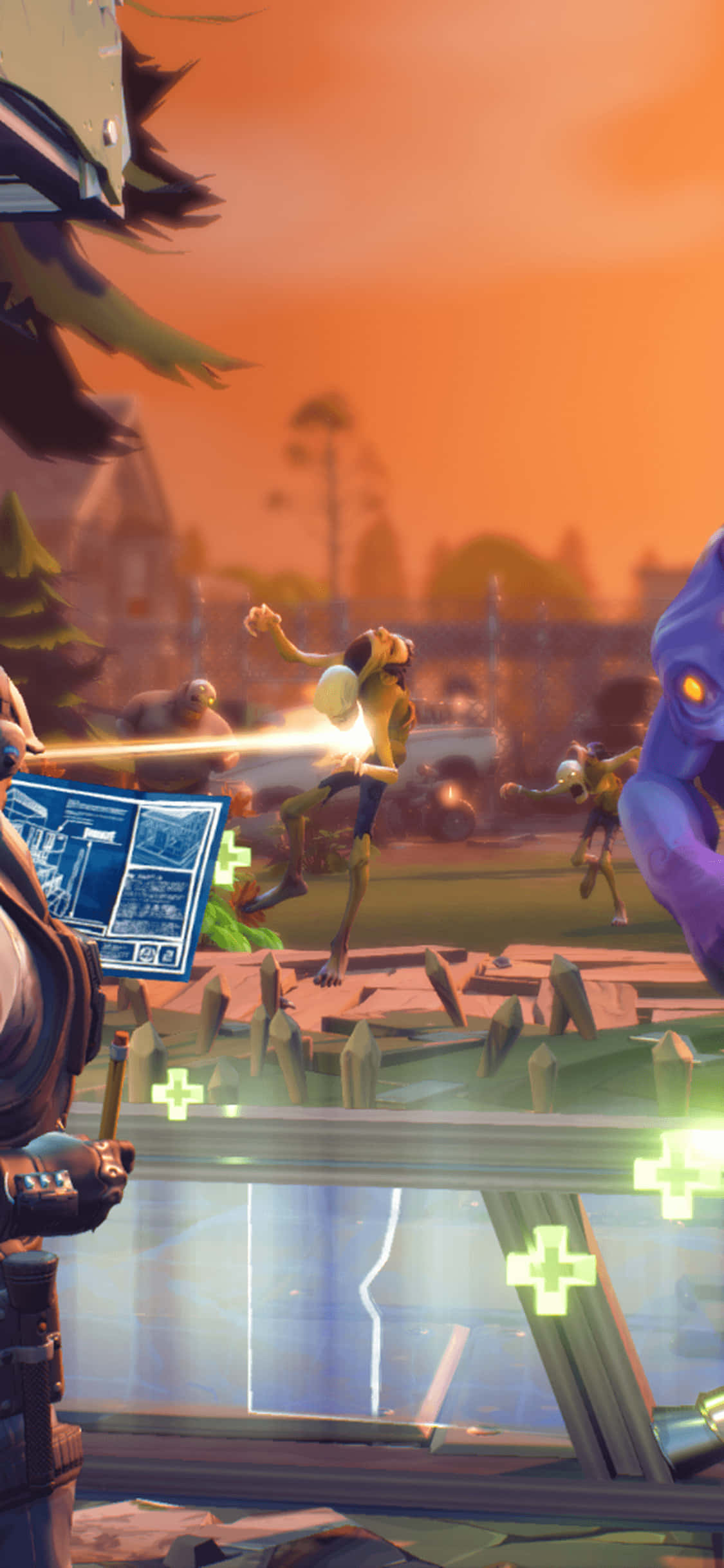 Fortnite iPhone 桌布 壁紙 — 一個充滿活力的動畫場景顯示一個角色在未來小鎮的日落戰鬥中向外星生物發射發光武器。