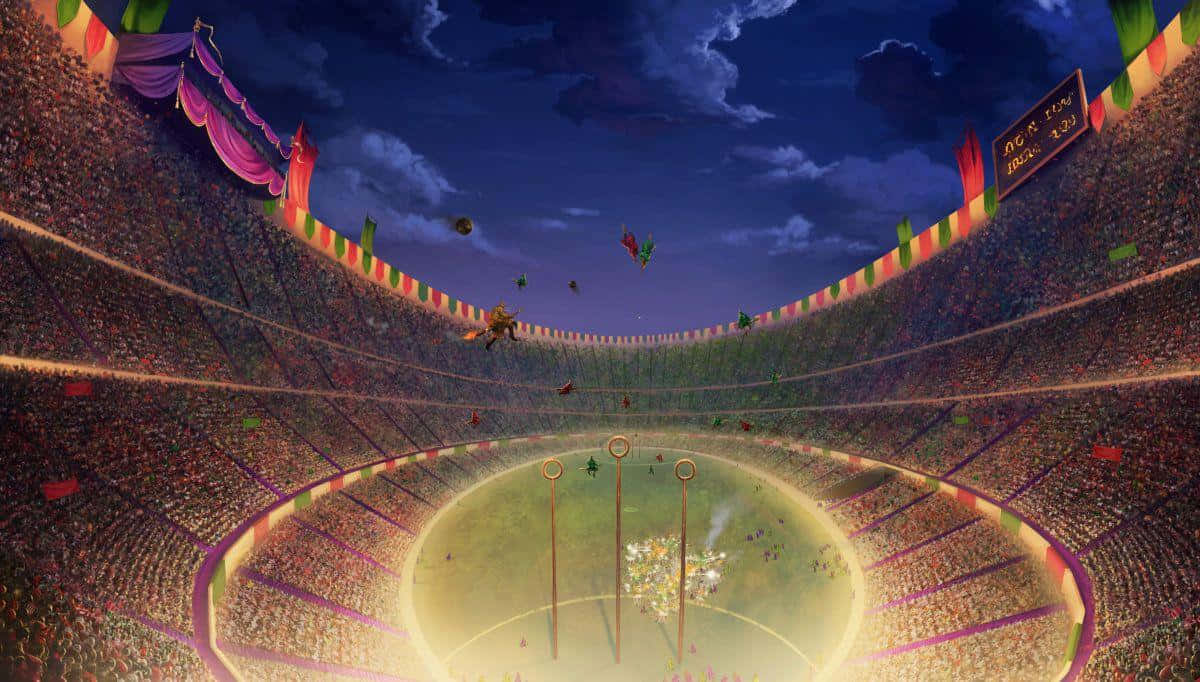 The Hogwarts Quidditch Pitch 桌布 壁紙 — 一個充滿活力的動畫夜間體育場，擠滿了歡呼的人群，在星空下觀看一場神奇的飛行比賽。