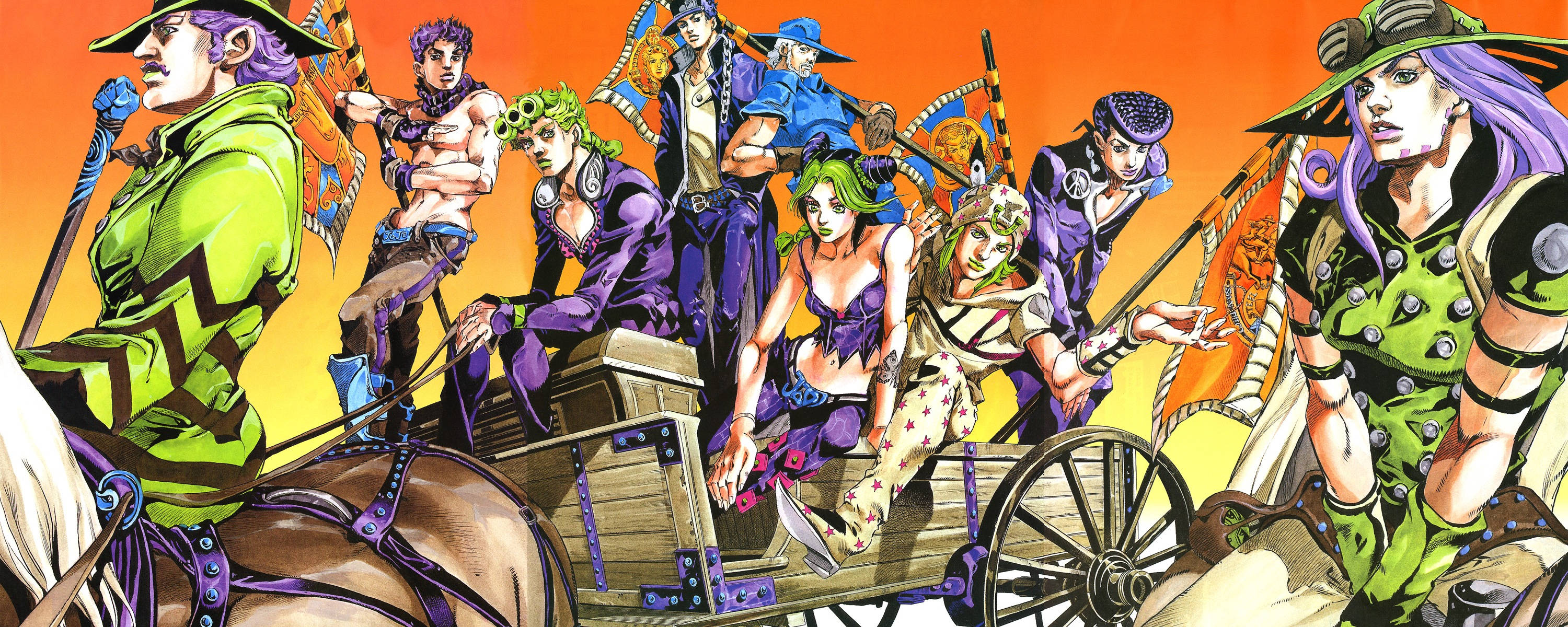 Johnny Joestar 桌布 壁紙 — 一個充滿活力的動畫大篷車，由大膽的綠色、紫色和橙色色調的古怪角色組成，在火熱的天空下乘坐木製馬車。