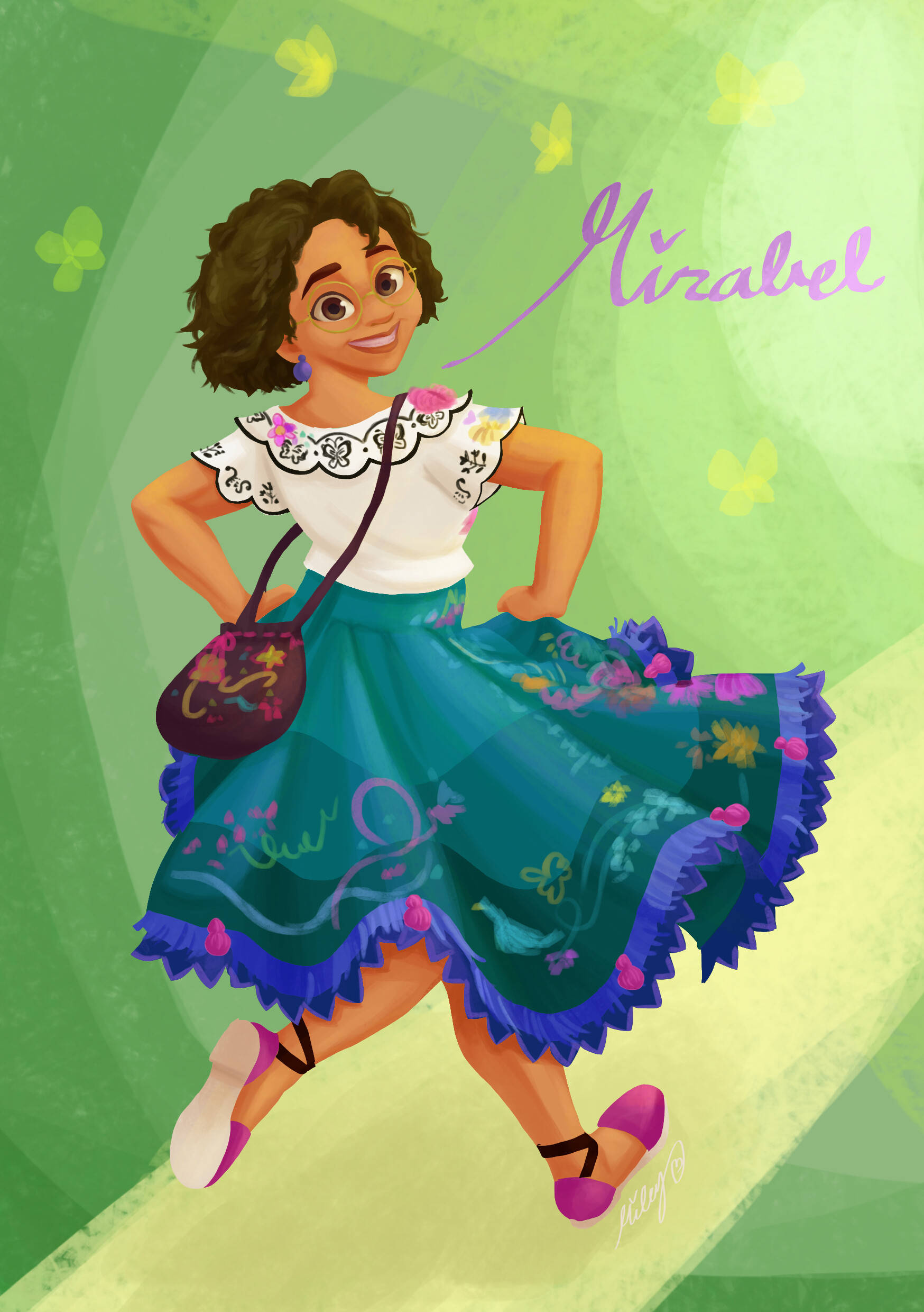 Mirabel 桌布 壁紙 — 一個充滿活力的動畫女孩穿著花卉連衣裙，在綠色背景上與飛舞的蝴蝶快樂地跳舞。
