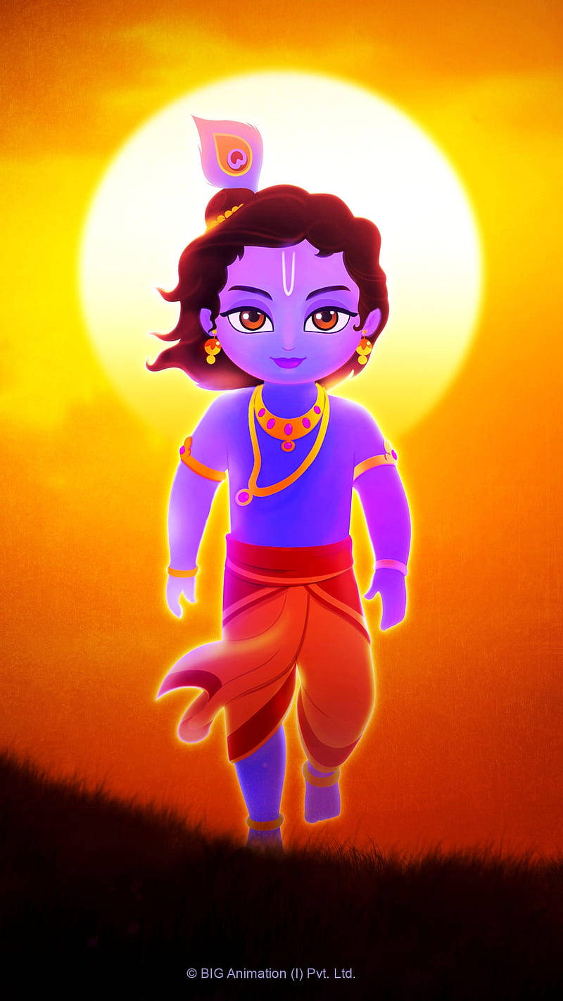 animated krishna 桌布 壁紙 — 一個充滿活力的動畫小孩，紫色皮膚，帶著孔雀羽毛，站在橙色天空下發光的太陽前。