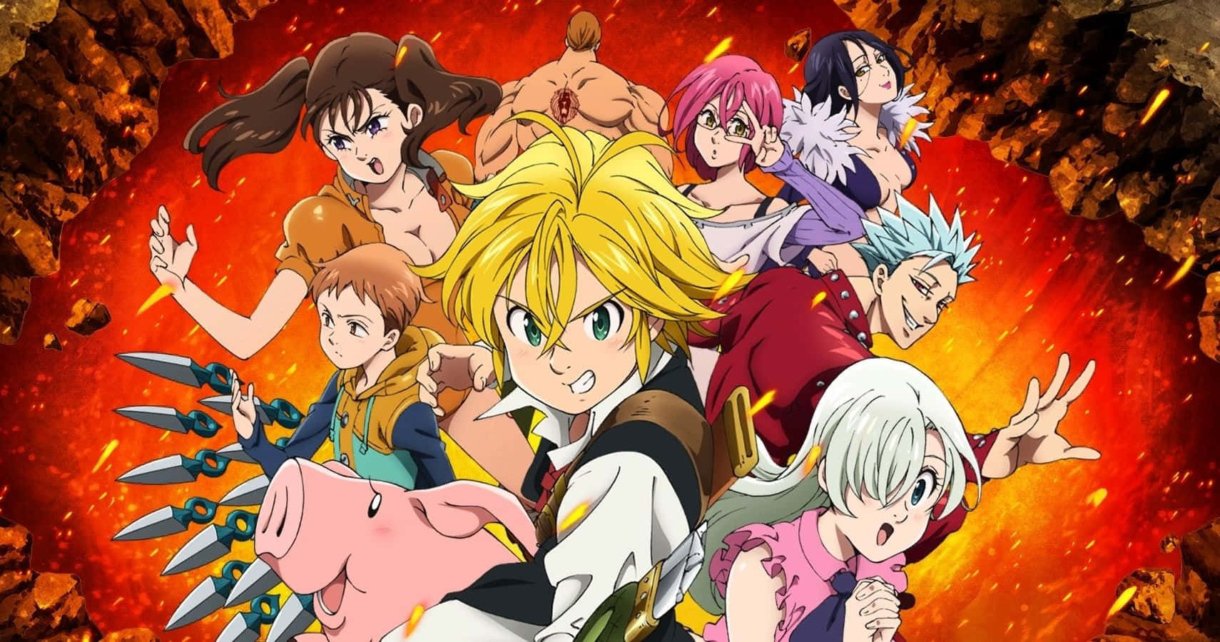The Seven Deadly Sins 桌布 壁紙 — 一個充滿活力的動畫小組，帶著堅定的表情和拔出的武器，衝破熾熱的岩石。