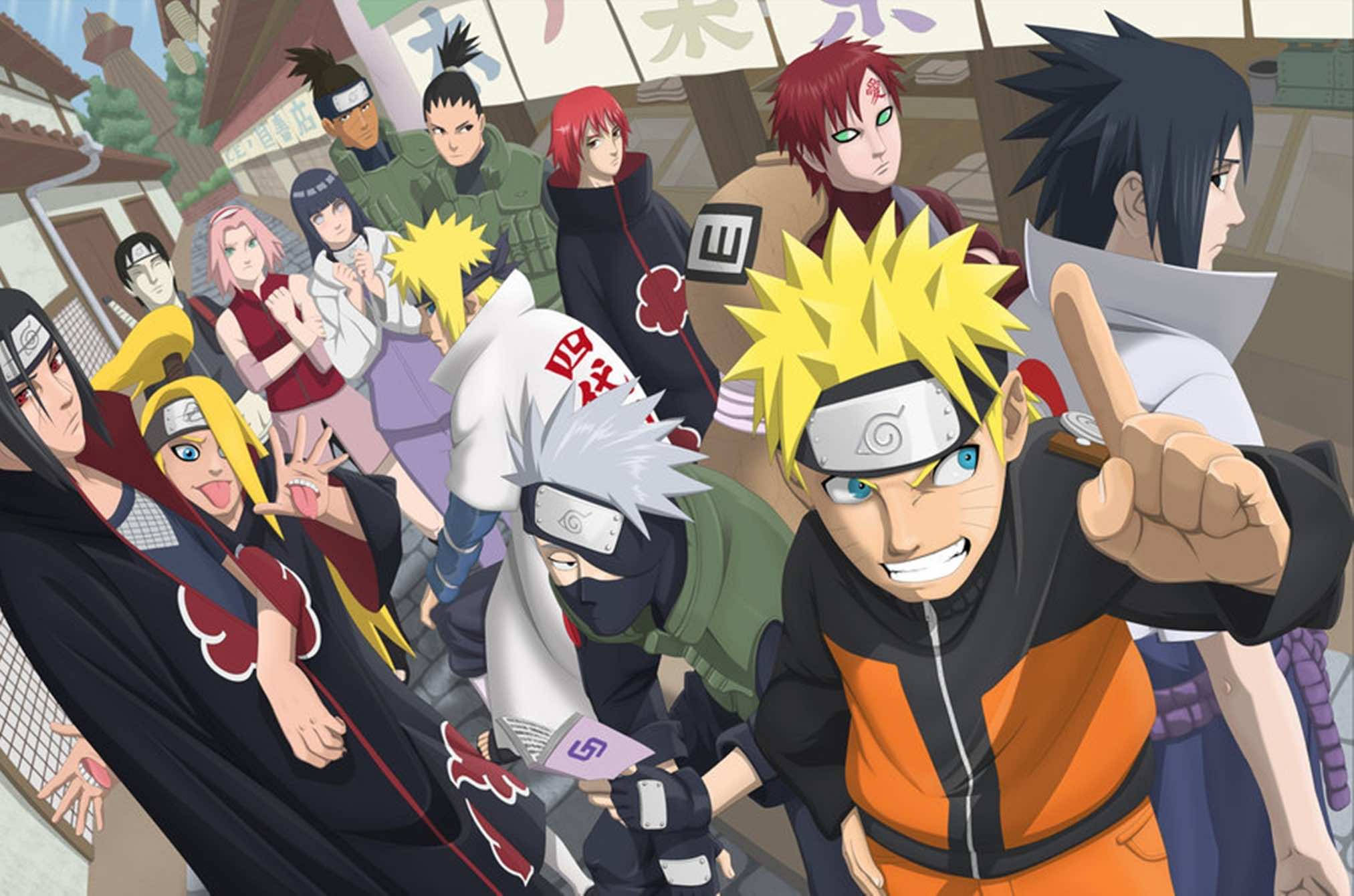 Naruto Shippuden Cool 桌布 壁紙 — 一個充滿活力的動畫忍者團隊在傳統的日本村莊中動態擺姿勢。