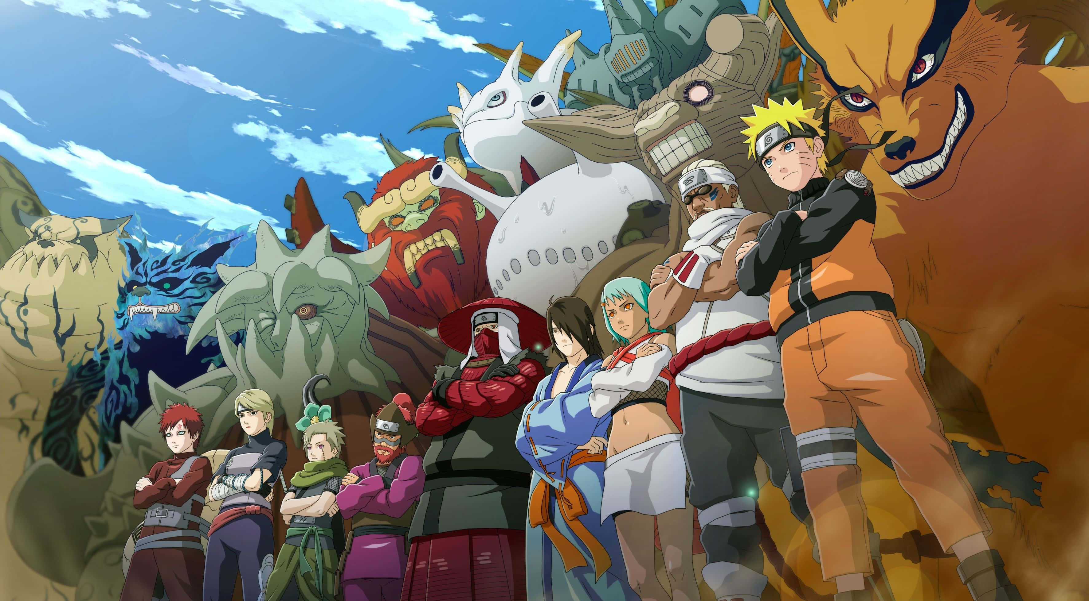 Naruto Manga 桌布 壁紙 — 一個充滿活力的動畫忍者群體及其強大的野獸召喚物，英勇地站在明亮的藍天下。