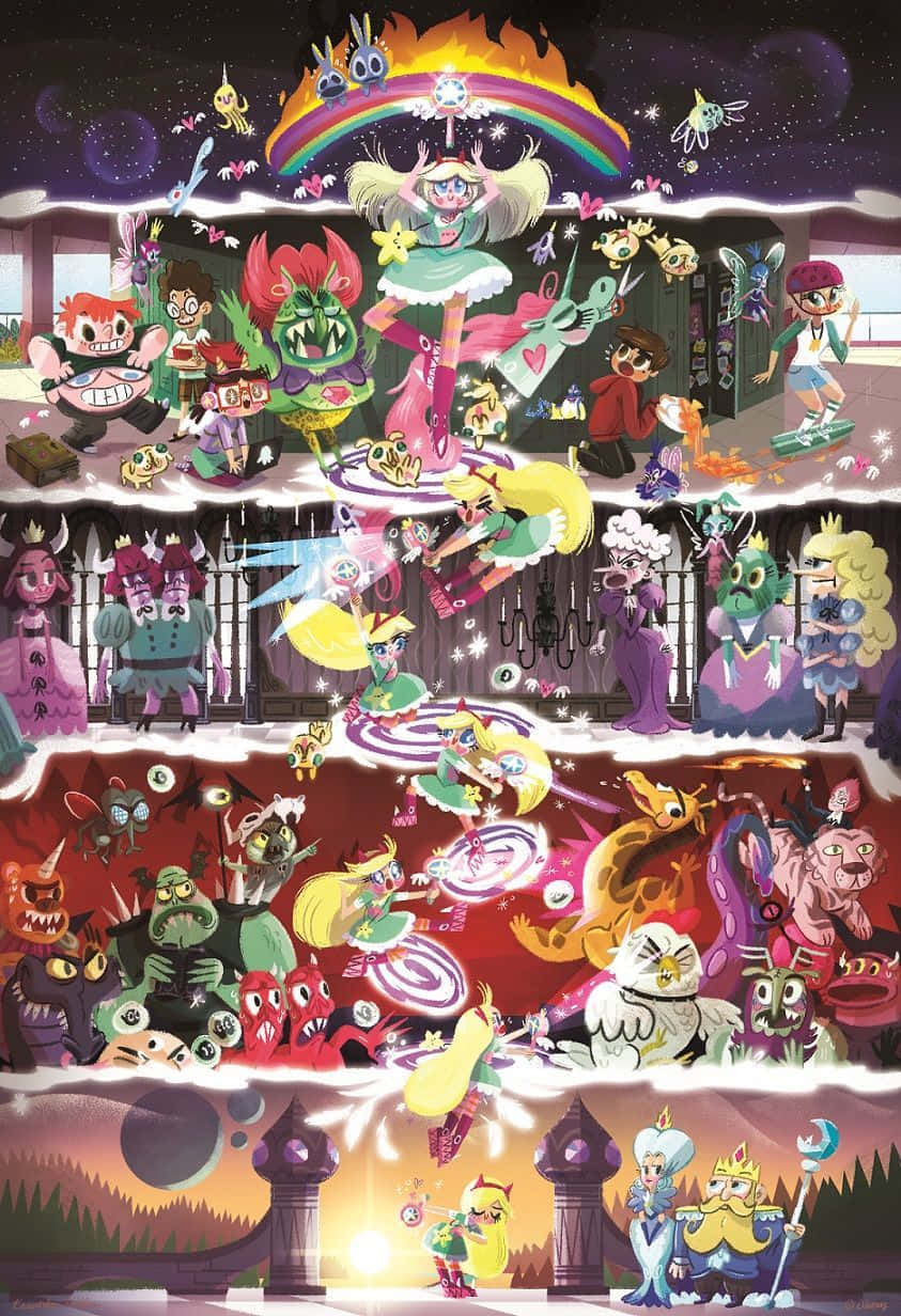 Star Vs The Forces Of Evil 桌布 壁紙 — 一個充滿活力的動畫拼貼畫，描繪了多個奇幻場景中古怪卡通人物的混亂、色彩繽紛的場景。