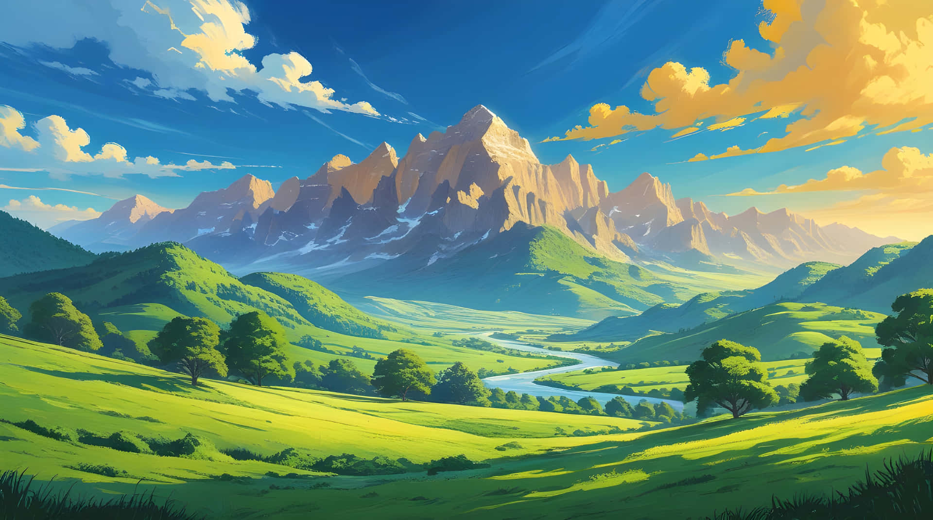 A green nature view landscapes 壁紙 — 一個充滿活力的動畫景觀，擁有鬱鬱蔥蔥的綠色山丘，點綴著樹木，一條蜿蜒的河流通向雄偉的雪山，在明亮的藍天和蓬鬆的白雲下。