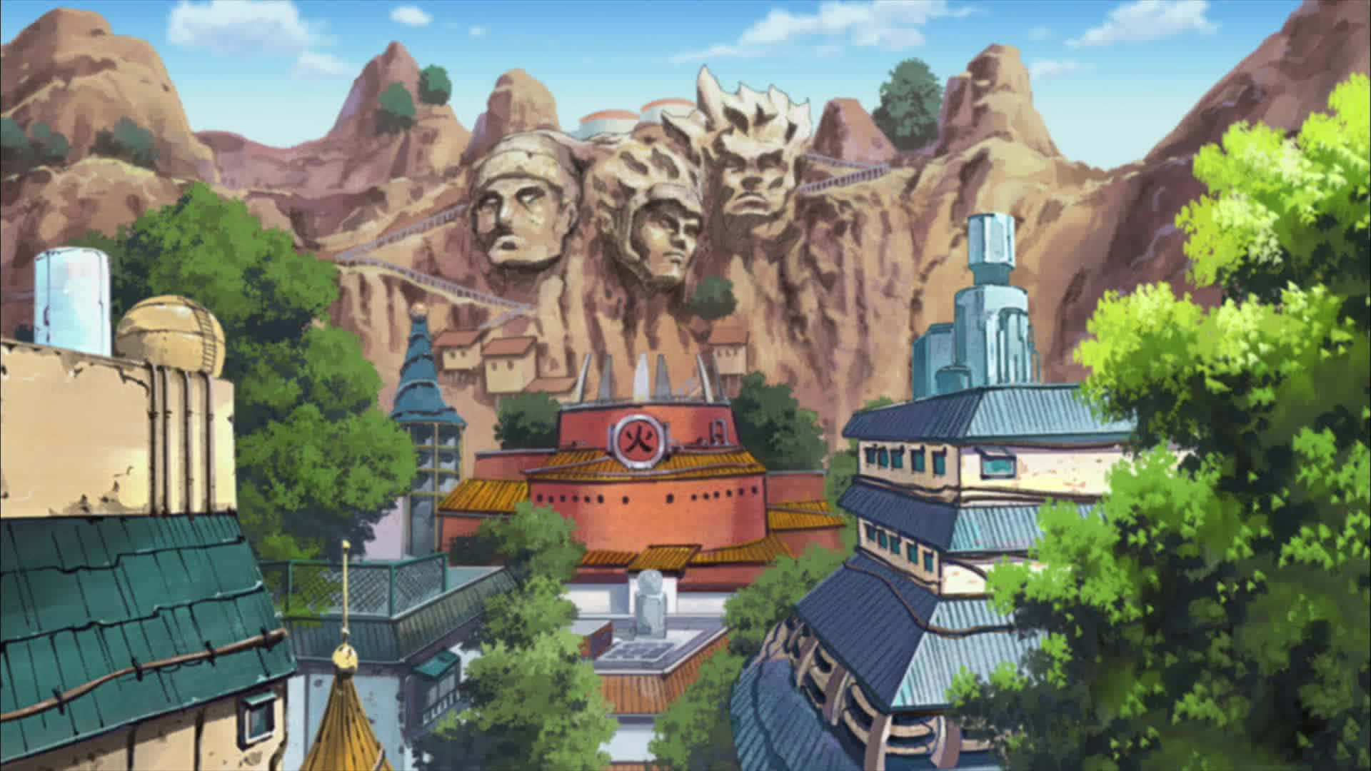 Konoha 桌布 壁紙 — 一個充滿活力的動畫村莊，坐落在岩石峭壁之間，山腰上刻有三個巨大的石臉。