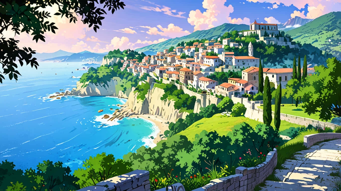 Italy Animated 壁紙 — 一個充滿活力的動畫沿海村莊依附在陽光明媚的懸崖上，俯瞰著碧綠的海水和遠處的山脈。