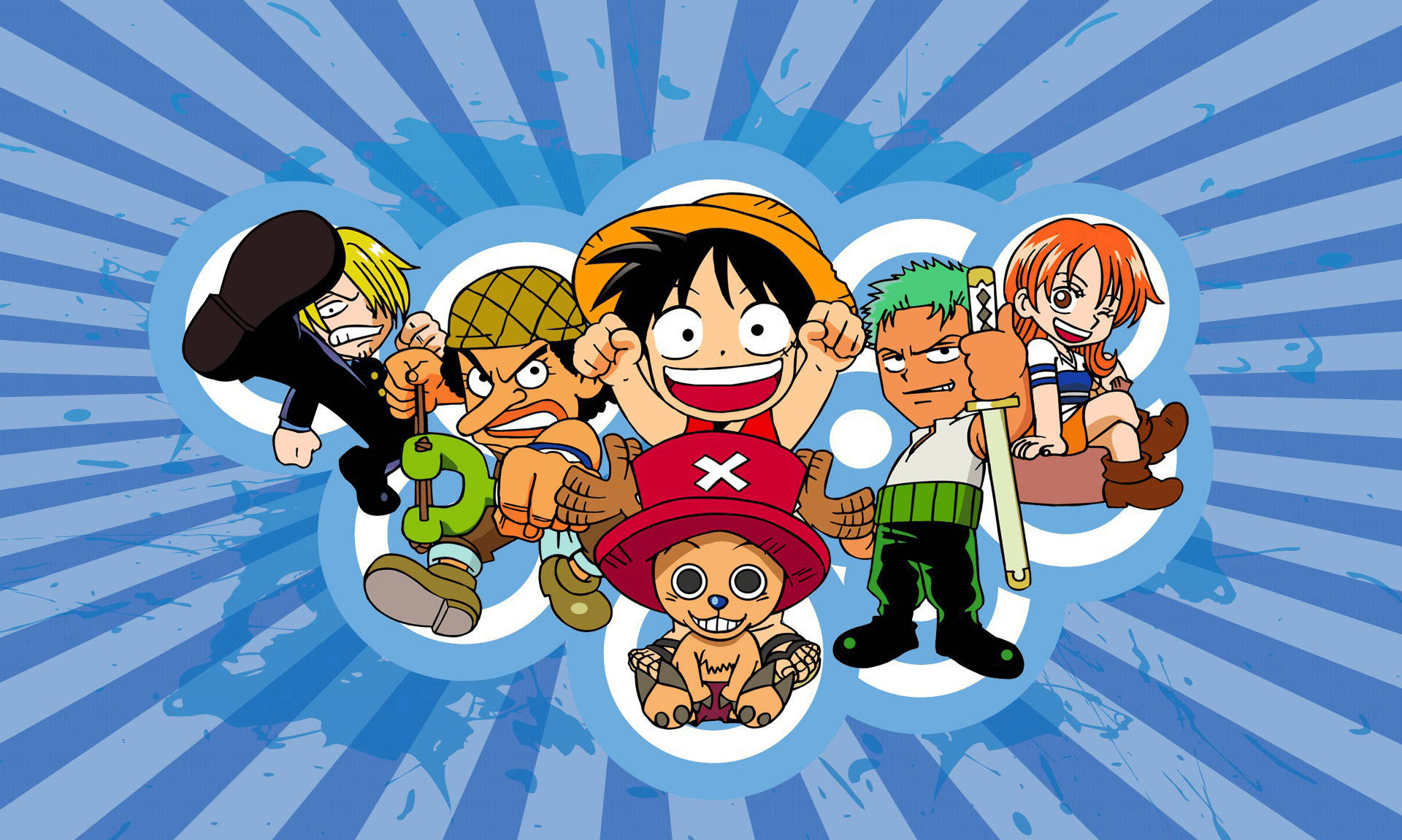 Sanji 桌布 壁紙 — 一個充滿活力的動畫海盜團體，喬巴位於中心，背景為藍色放射狀爆發。