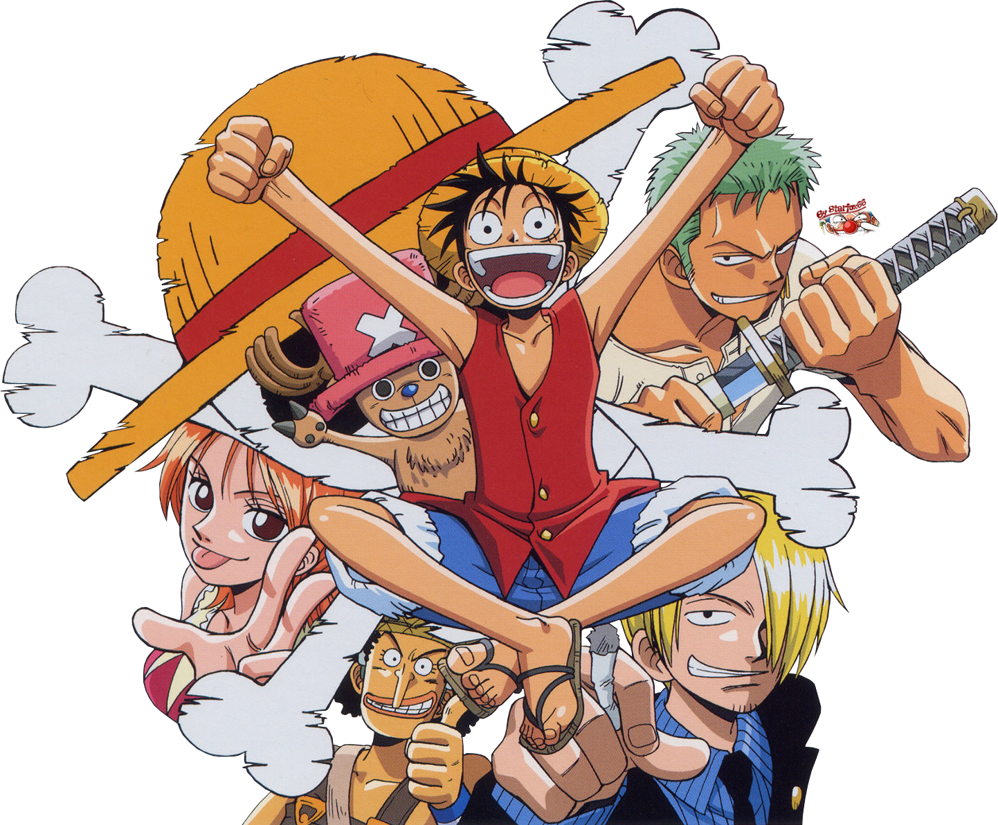 Sanji 桌布 壁紙 — 一個充滿活力的動畫海盜團體，魯夫在中間快樂地呼喊，被船員包圍，背景是藍天。
