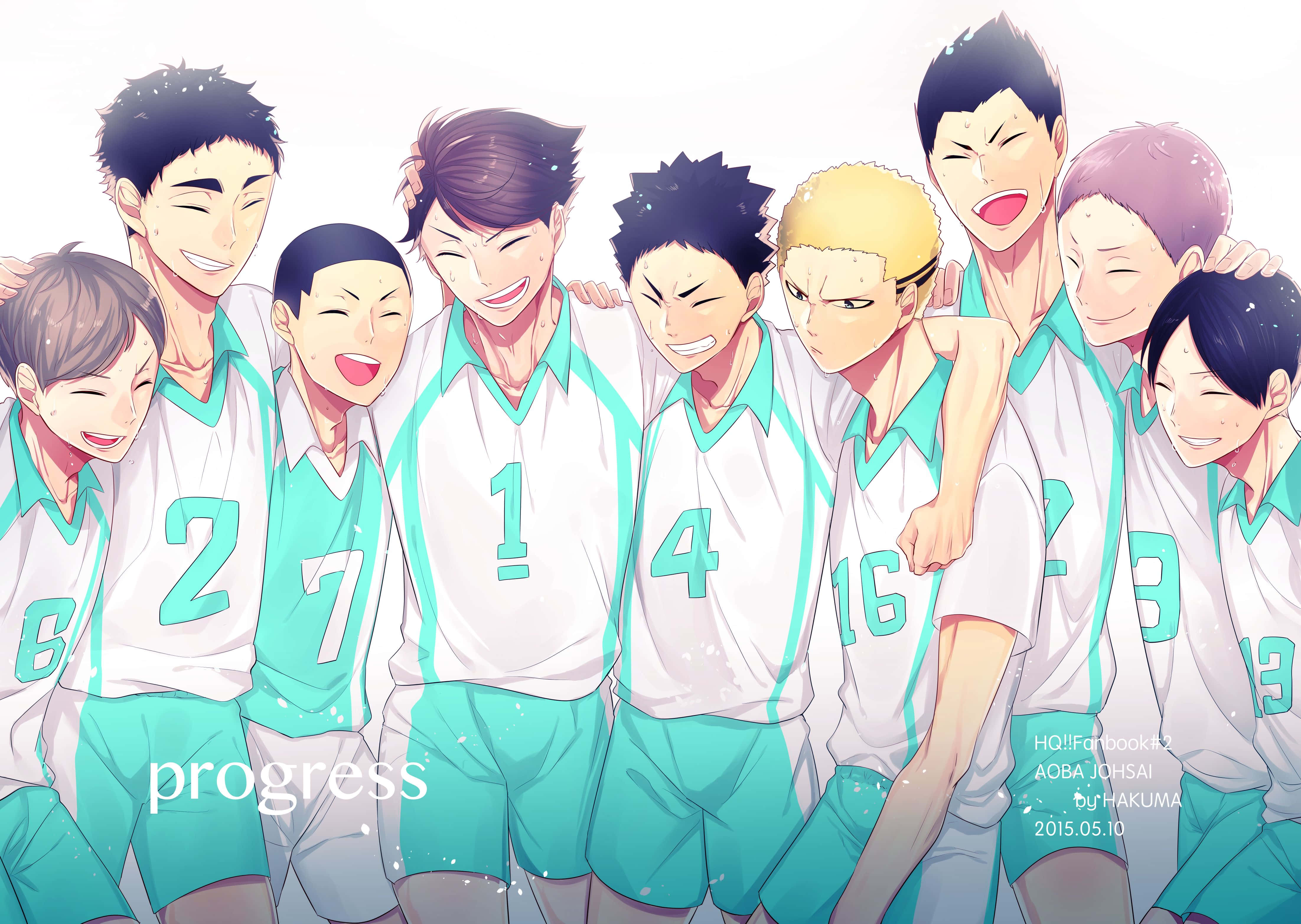 Aoba Johsai 桌布 壁紙 — 一個充滿活力的動畫男子排球隊，身穿青綠色和白色制服，帶著歡樂、充滿活力的表情聚在一起。