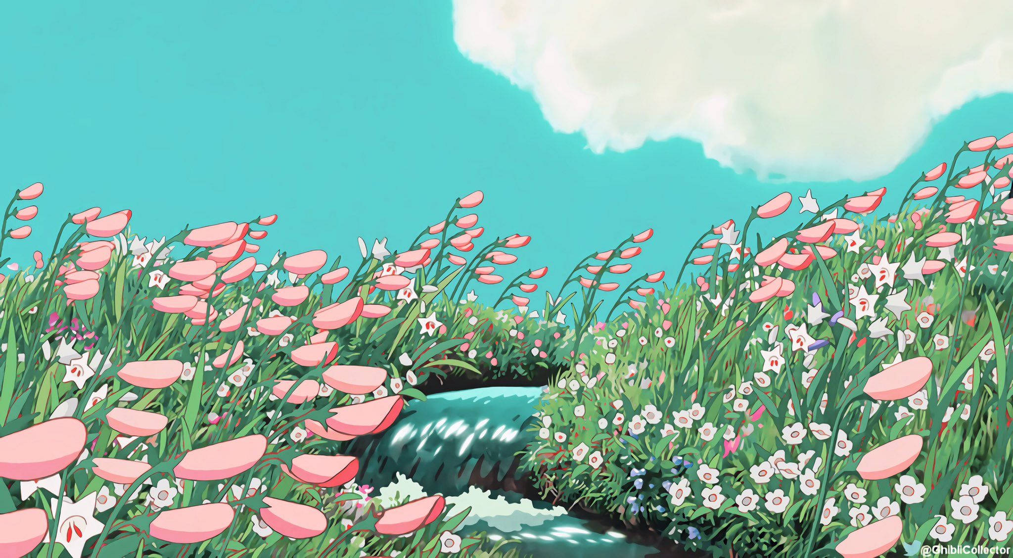 美學藝術 桌布 壁紙 — 一個充滿活力的動畫粉紅色和白色花朵田野，在清澈的綠松色天空下，伴隨著一條蜿蜒的小溪和一朵蓬鬆的雲朵搖曳。