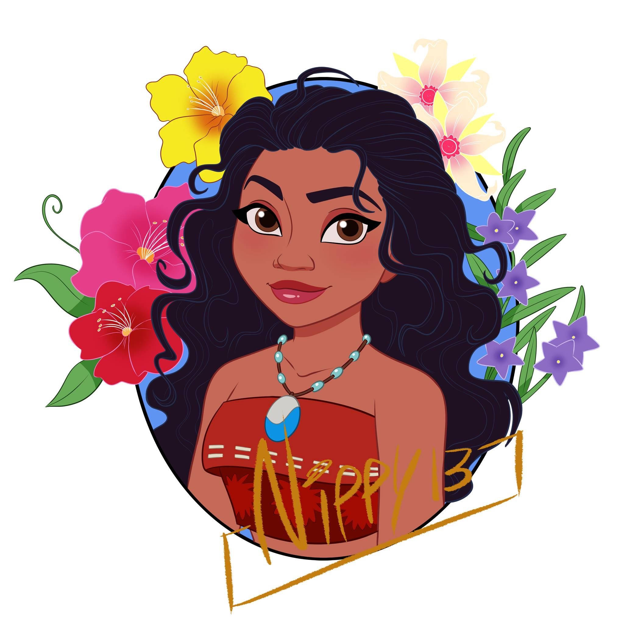 Moana 桌布 壁紙 — 一個充滿活力的動畫肖像，描繪一位年輕女性，深色捲髮，被色彩繽紛的熱帶花卉環繞。