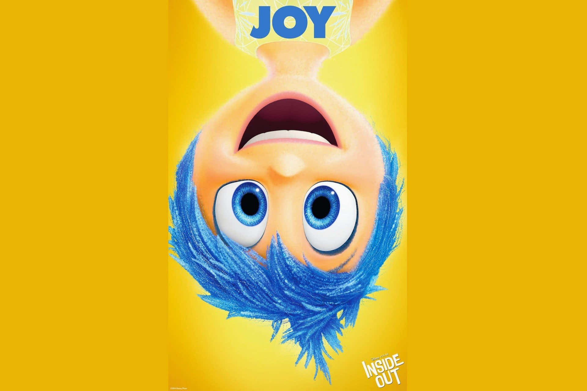 Inside Out 桌布 壁紙 — 一個充滿活力的動畫角色，藍色頭髮和大眼睛，倒掛在明亮的黃色背景上，上方有JOY字樣。