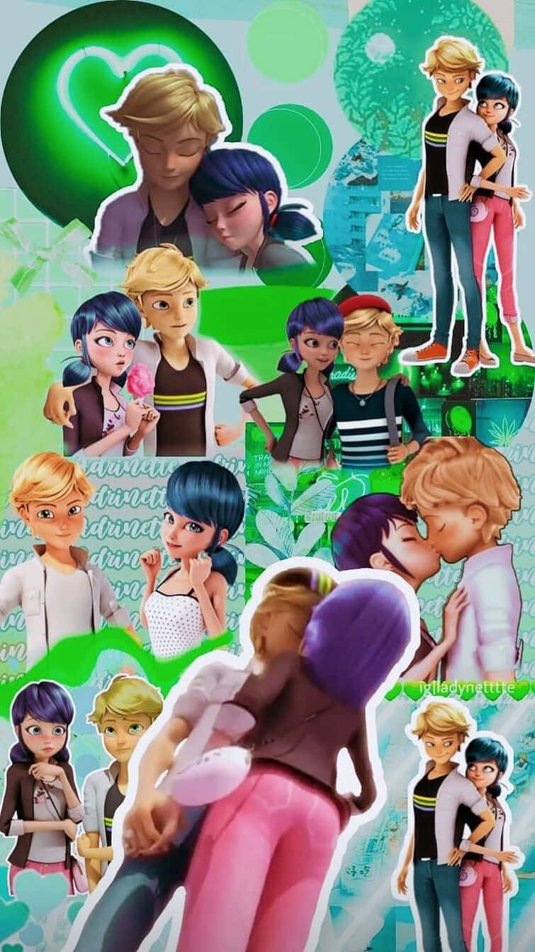 Marinette And Adrien 桌布 壁紙 — 一個充滿活力的動畫角色拼貼，以浪漫和親密的姿勢，搭配綠色心形主題背景。