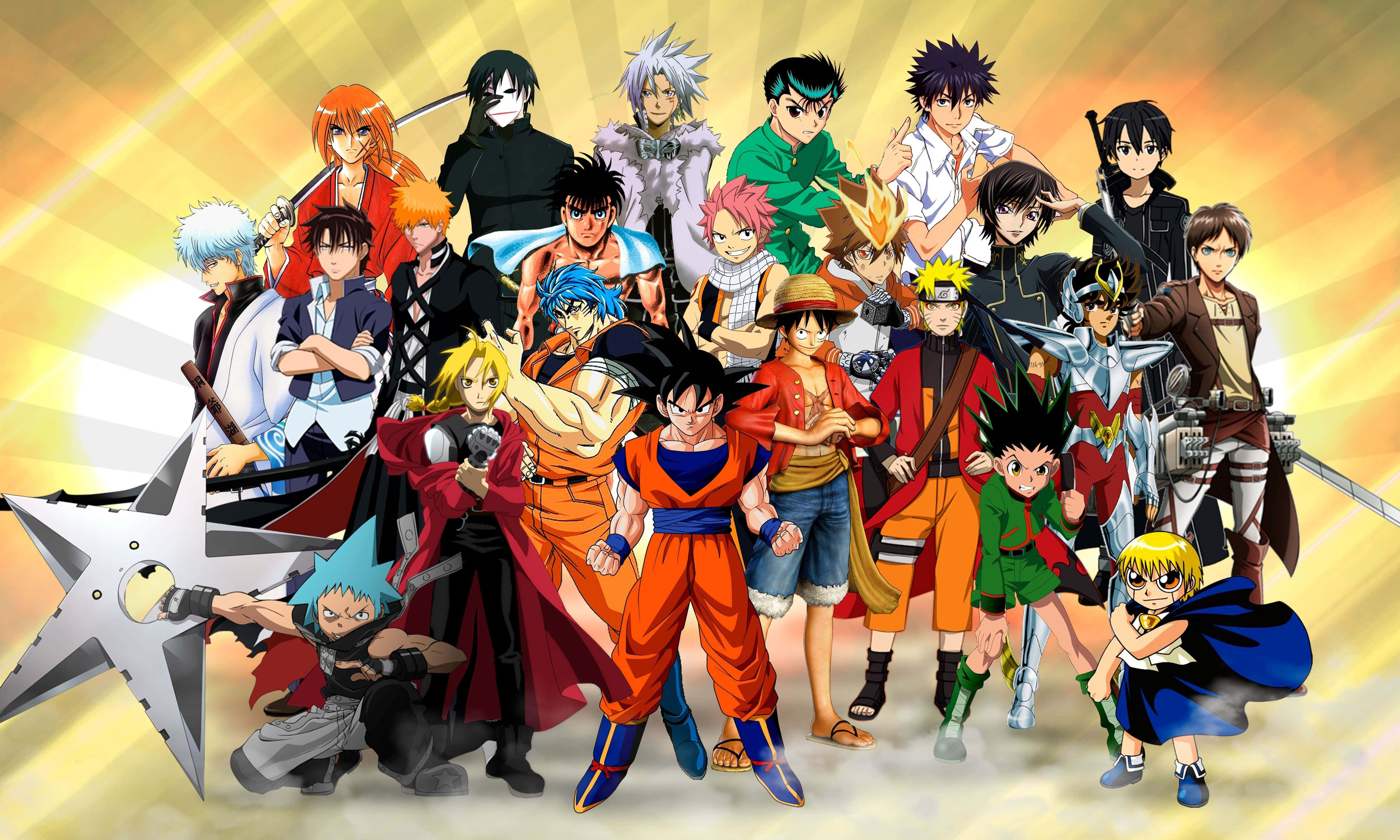 Anime All Characters HD 桌布 壁紙 — 一個充滿活力的動畫角色陣容，由不同的英雄組成，在燦爛的金色陽光背景下動態地擺出姿勢。
