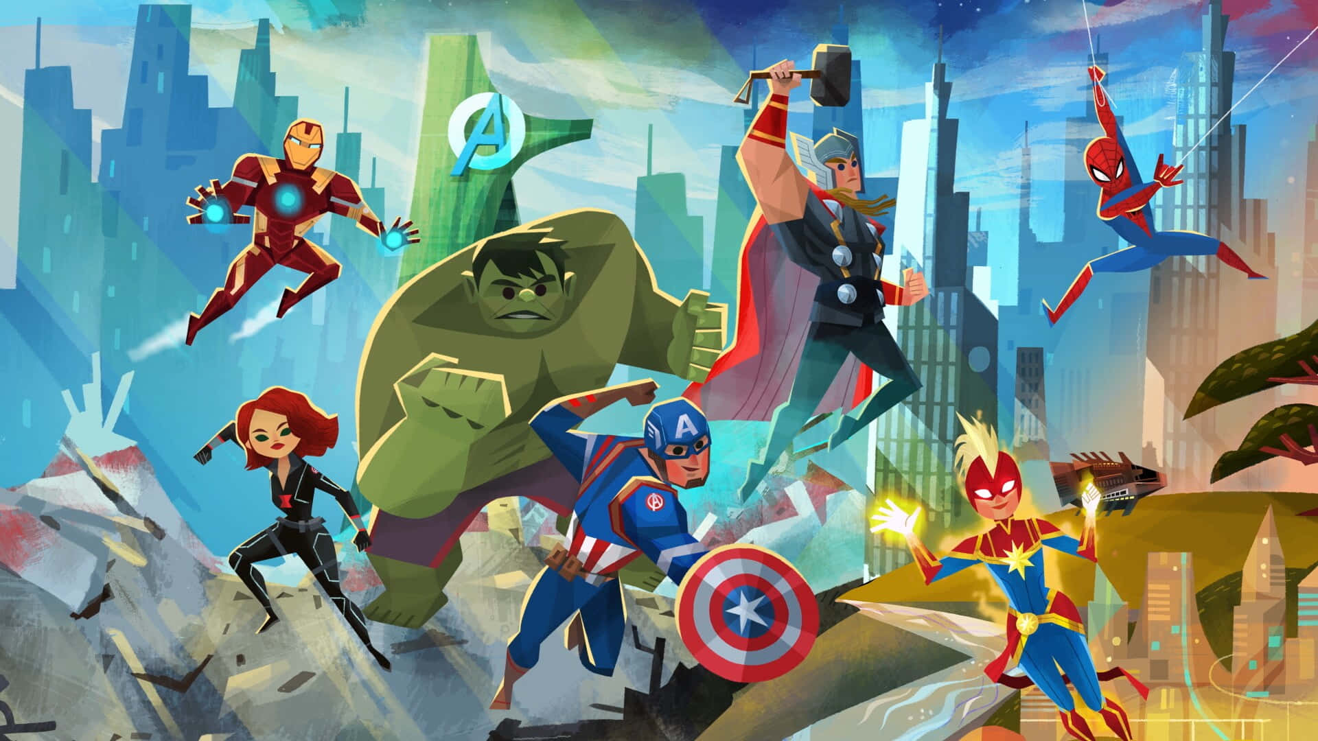 Secret Wars 桌布 壁紙 — 一個充滿活力的動畫超級英雄團隊，包括鋼鐵人、浩克、索爾和美國隊長，準備在破碎的城市景觀中戰鬥。