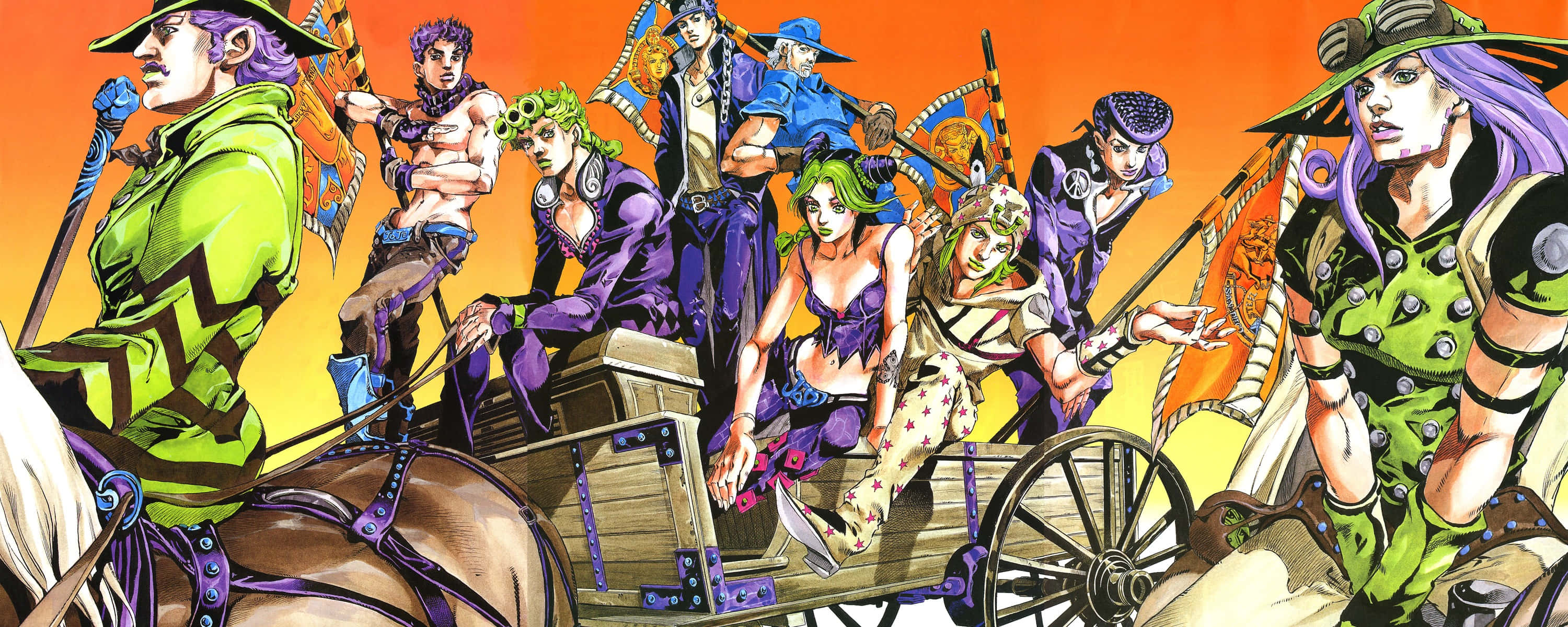 Jojo Steel Ball Run 桌布 壁紙 — 一個充滿活力的動畫車隊，穿著綠色和紫色服裝的風格化角色，在火紅的橙色天空下乘坐木製馬車。