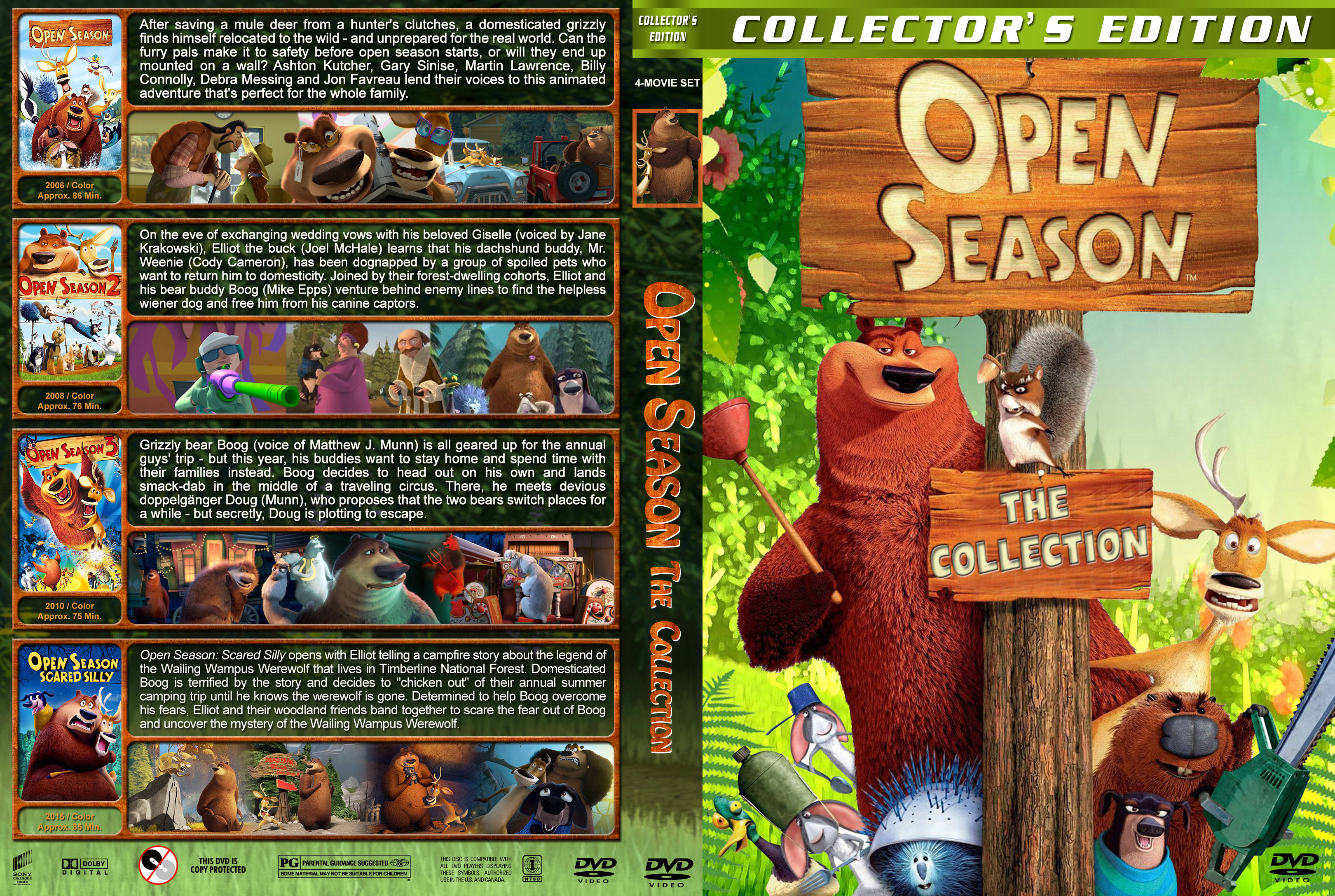 3D 桌布 壁紙 — 一個充滿活力的動畫電影封面，一隻灰熊舉著寫有「Open Season」的牌子，周圍是森林動物，背景是色彩繽紛的林地。