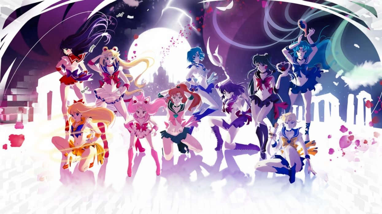 美少女戰士 桌布 壁紙 — 一個充滿活力的動畫魔法少女團體，穿著色彩繽紛的水手服，在發光的月亮和旋轉的宇宙背景下英勇地擺出姿勢。