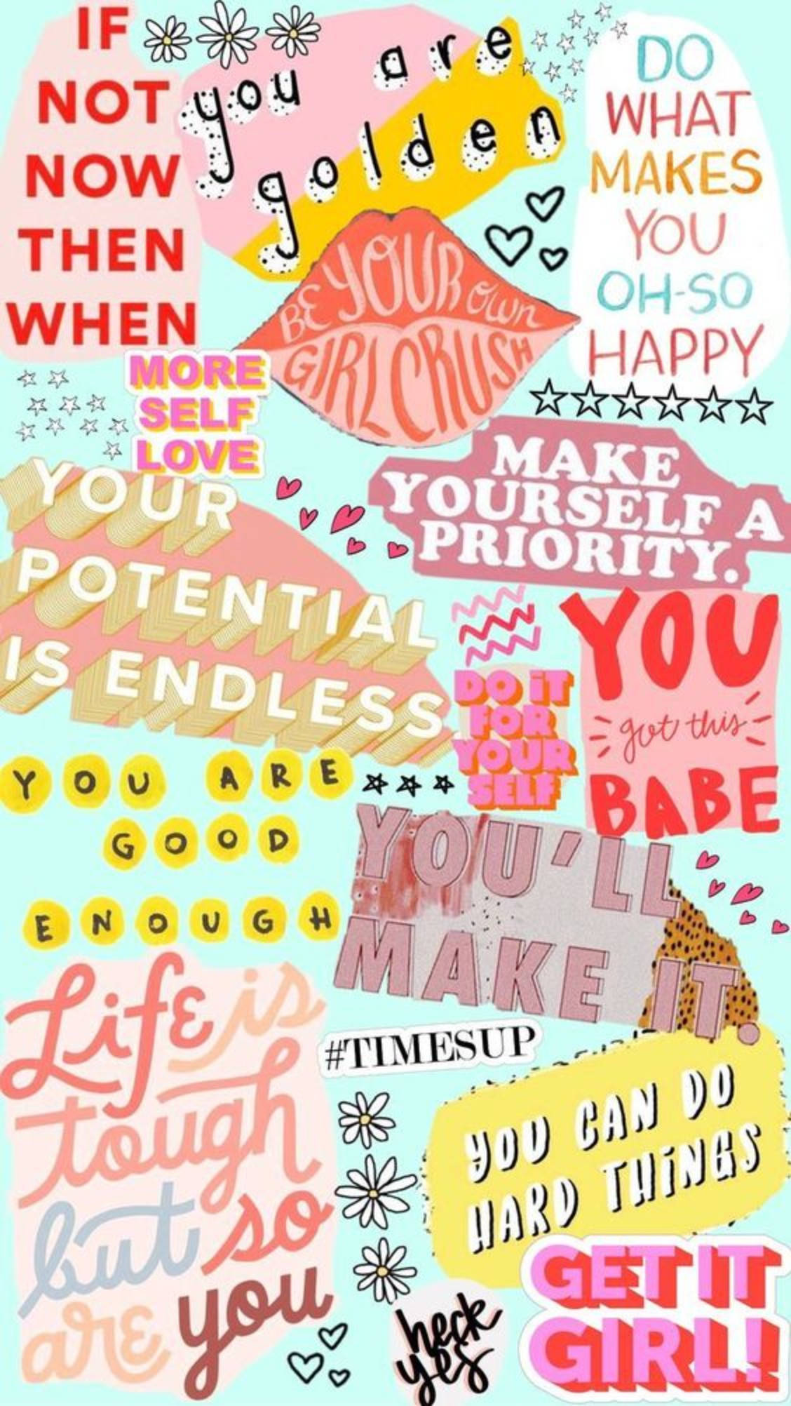 Positive Quotes 桌布 壁紙 — 一個充滿活力的勵志名言拼貼，採用俏皮字體和柔和色彩，在淺藍色背景上點綴心形和星星。