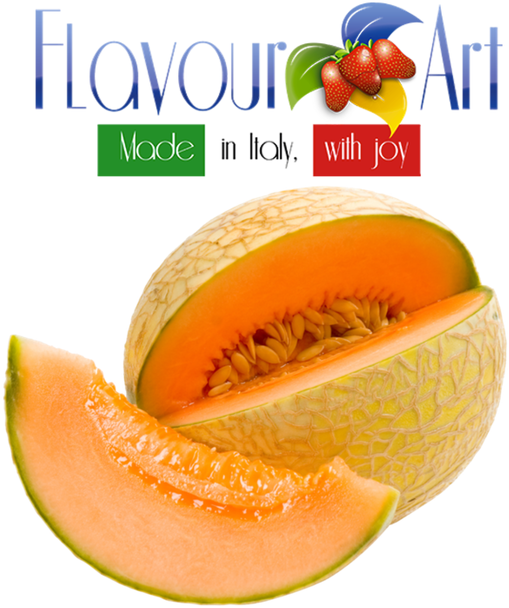 Cantaloupe 桌布 壁紙 — 一個充滿活力的半切哈密瓜，多汁的橙色果肉和綠色外皮，切片後在黑色背景上展示，帶有 'Flavour Art' 標誌。