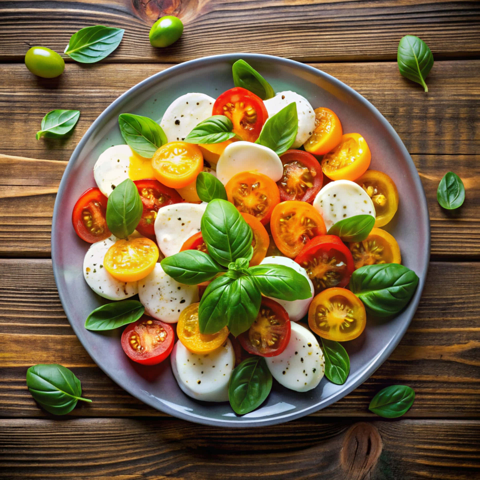 Caprese salad made with mozzarella 壁紙 — 一個充滿活力的卡布里沙拉，有紅色、黃色和橙色的櫻桃番茄、莫札瑞拉起司和羅勒葉，放在灰色盤子上，置於質樸的木桌上。