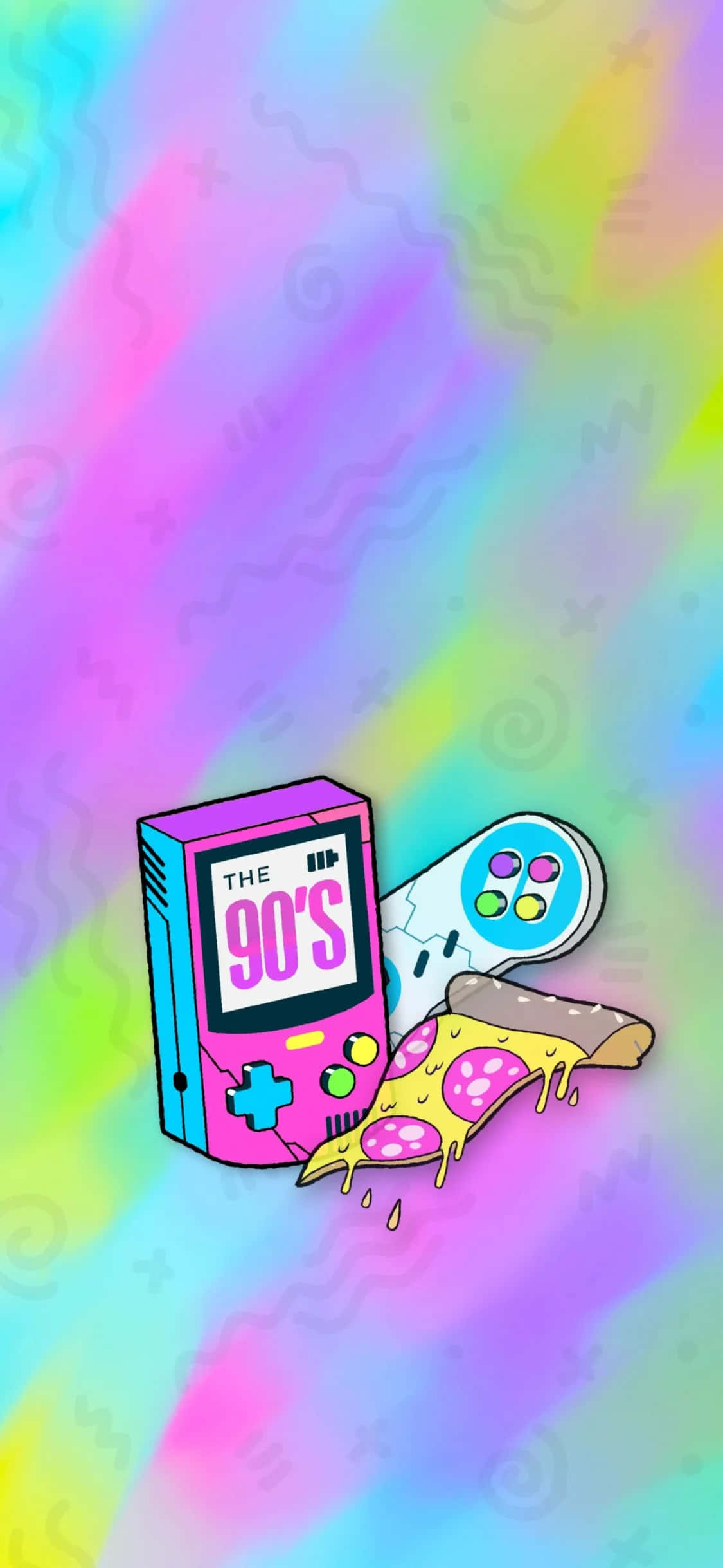 90年代 桌布 壁紙 — 一個充滿活力的卡通 Game Boy，螢幕上顯示「THE 90'S」，旁邊有一塊滴著汁的披薩，背景是彩虹漸層。