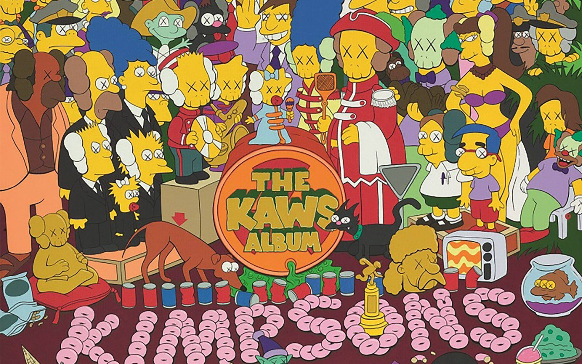 KAWS 桌布 壁紙 — 一個充滿活力的卡通人群，由辛普森角色與KAWS公仔融合在混亂的派對場景中。