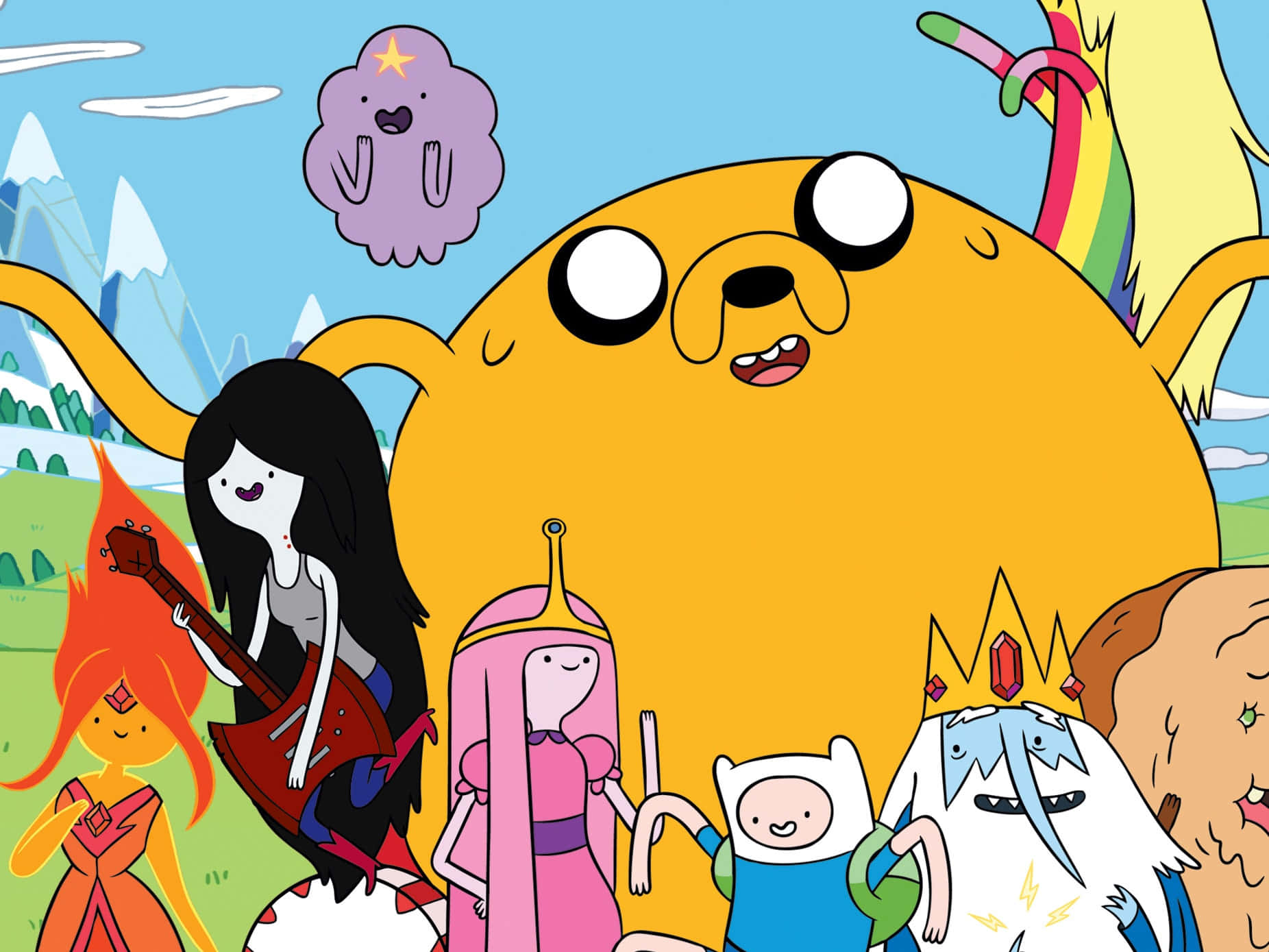 Adventure Time Cute 桌布 壁紙 — 一個充滿活力的卡通動畫角色群體，包括傑克狗和泡泡糖公主，在群山背景下愉快地擺姿勢。