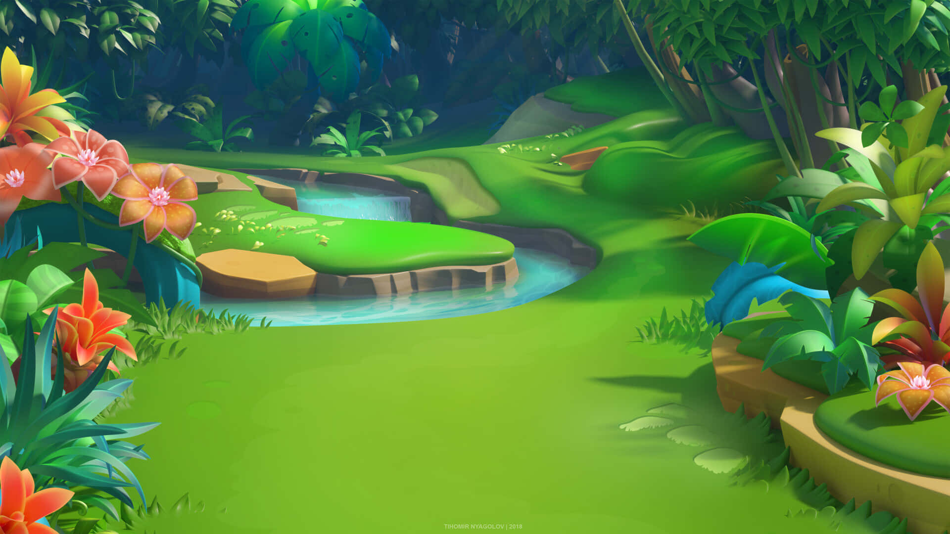 Animated Forest 桌布 壁紙 — 一個充滿活力的卡通叢林場景，蜿蜒的小溪流經茂密的綠色植物和色彩繽紛的橙色花朵。