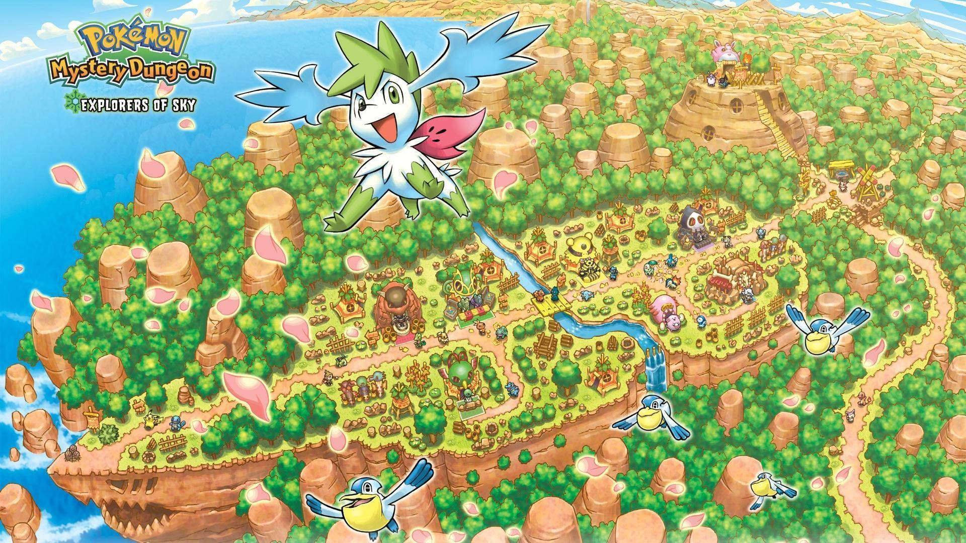 Shaymin 桌布 壁紙 — 一個充滿活力的卡通地圖，描繪了一個浮空島，上面有一隻飛行寶可夢和散落的定居點，背景是藍天。
