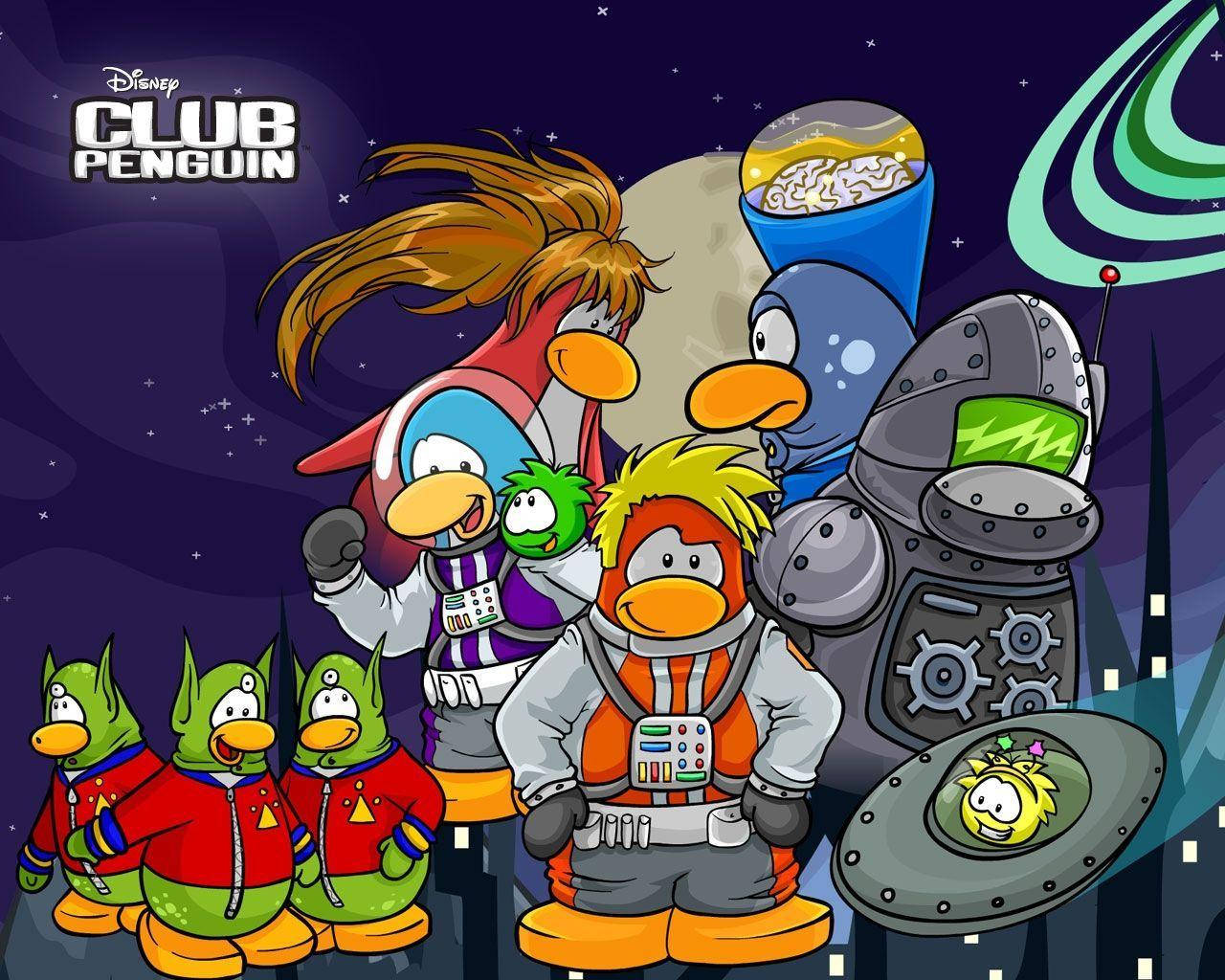 遊戲 桌布 壁紙 — 一個充滿活力的卡通場景，Club Penguin 角色穿著太空裝備，背景是星空夜空，有月亮和太空船。
