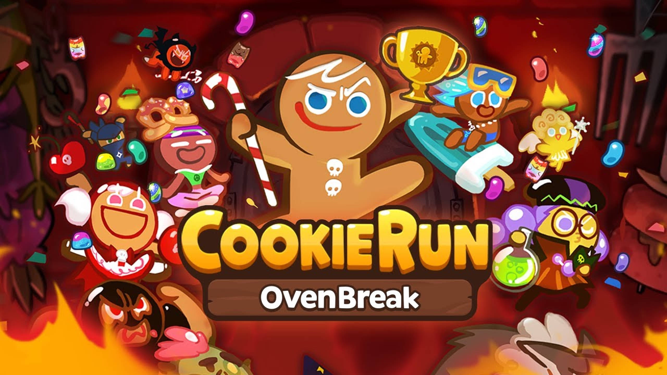Cookie Run 桌布 壁紙 — 一個充滿活力的卡通場景，中央有一個薑餅曲奇角色，周圍環繞著色彩繽紛的曲奇角色和節日五彩紙屑，背景是火紅色。