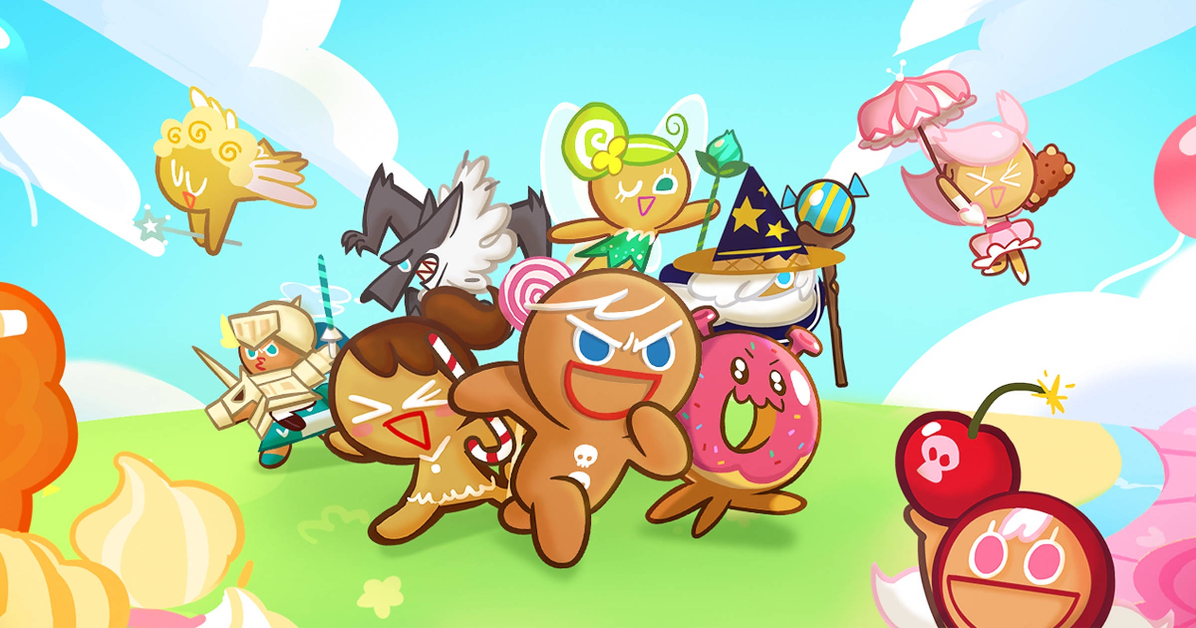 Cookie Run 桌布 壁紙 — 一個充滿活力的卡通場景，以擬人化的餅乾和糖果為特色，例如薑餅戰士和粉紅色甜甜圈，在一個夢幻的天空環境中。