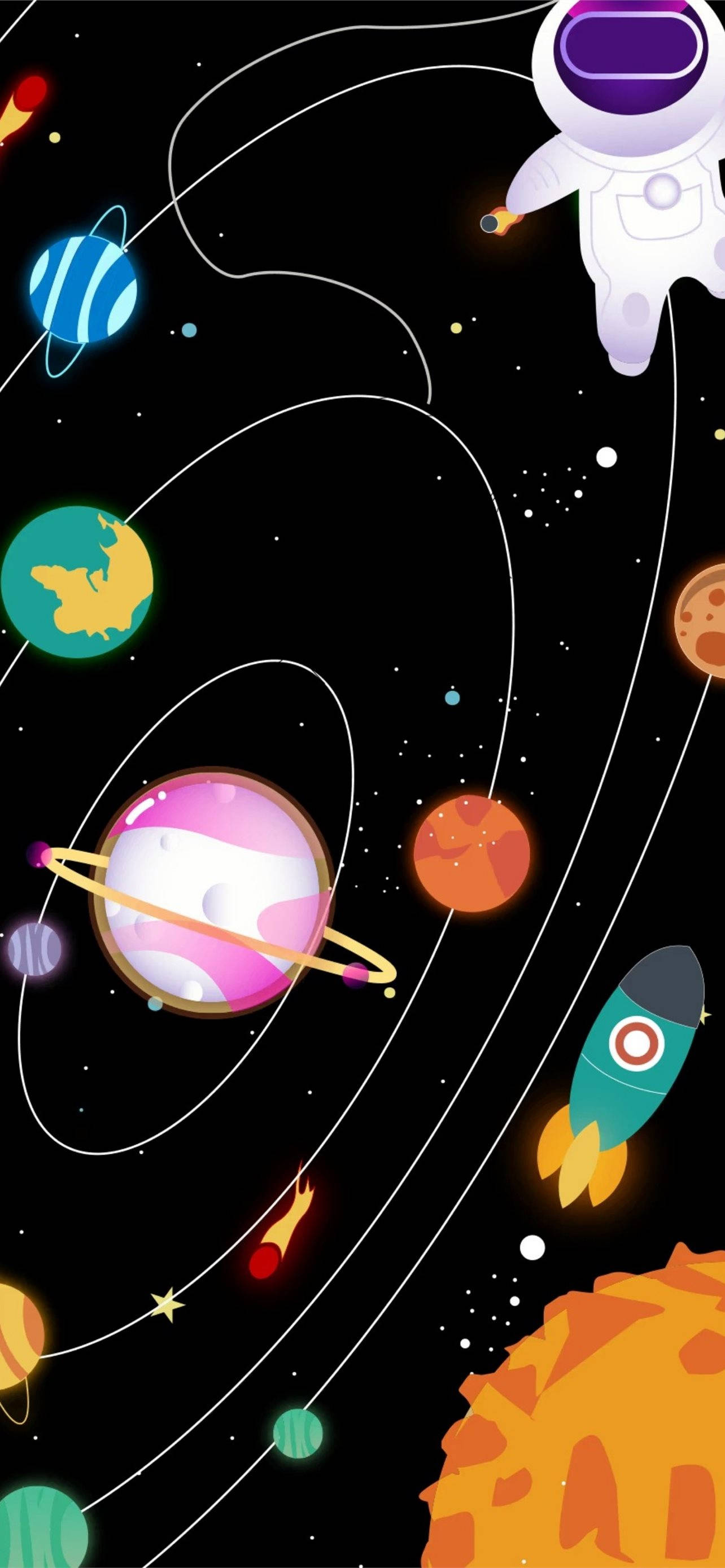 Themes 桌布 壁紙 — 一個充滿活力的卡通太空人在繁星點點的宇宙場景中漂浮在色彩繽紛的行星和火箭之間。