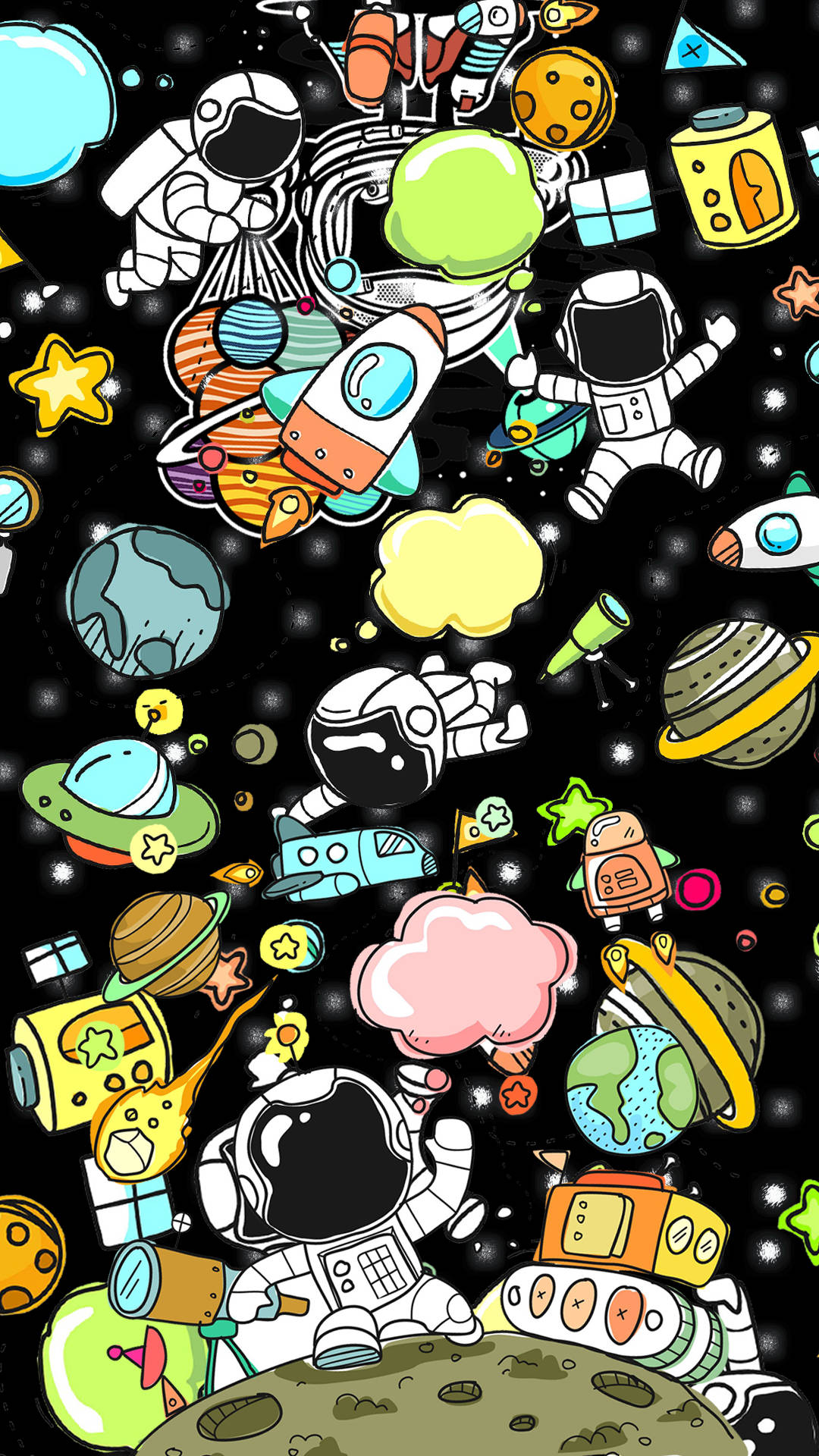 太空人 桌布 壁紙 — 一個充滿活力的卡通太空場景，有太空人、火箭、行星和星星在黑色宇宙背景上漂浮。