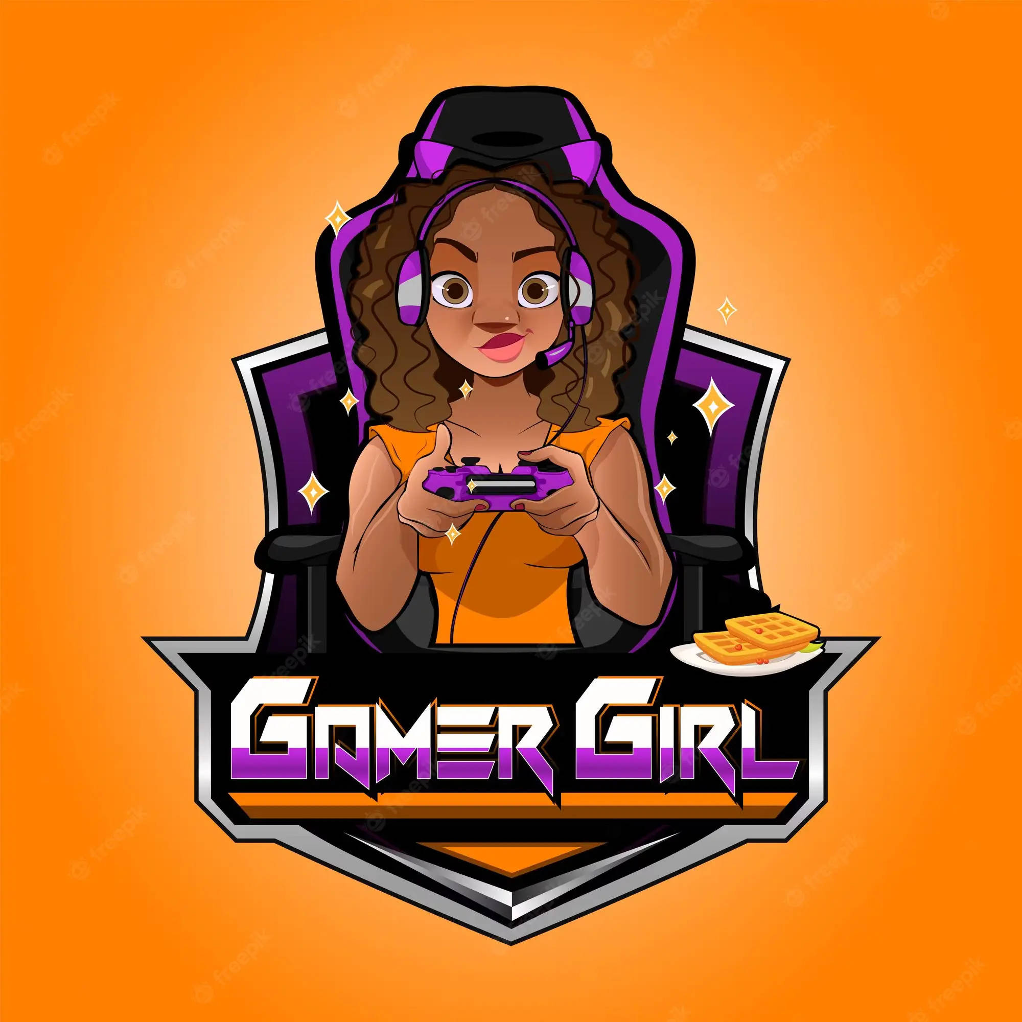 Gamer Logo 桌布 壁紙 — 一個充滿活力的卡通女孩，捲曲頭髮，坐在紫色電競椅上，拿著控制器，旁邊有鬆餅。