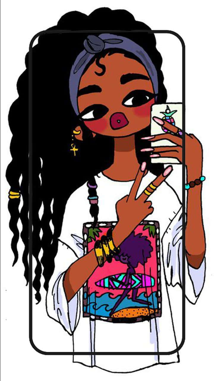 Black Girl Magic 桌布 壁紙 — 一個充滿活力的卡通女孩，捲髮，在電話框內自拍，同時拿著一張色彩繽紛的卡片。