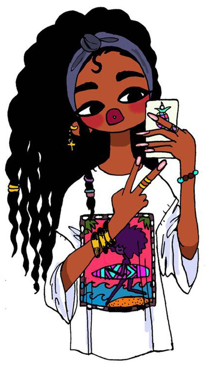 Black Girl 桌布 壁紙 — 一個充滿活力的卡通女孩，捲髮戴頭帶，比出和平手勢自拍。
