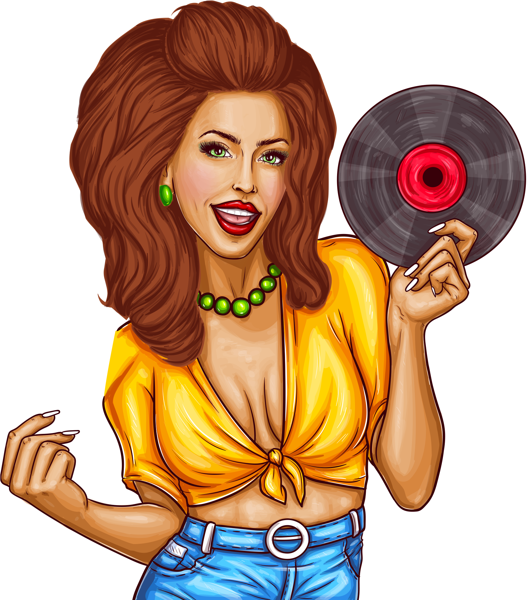 DJ 桌布 壁紙 — 一個充滿活力的卡通女性，棕色頭髮和綠色眼睛，在黑色背景前拿著一張黑膠唱片。