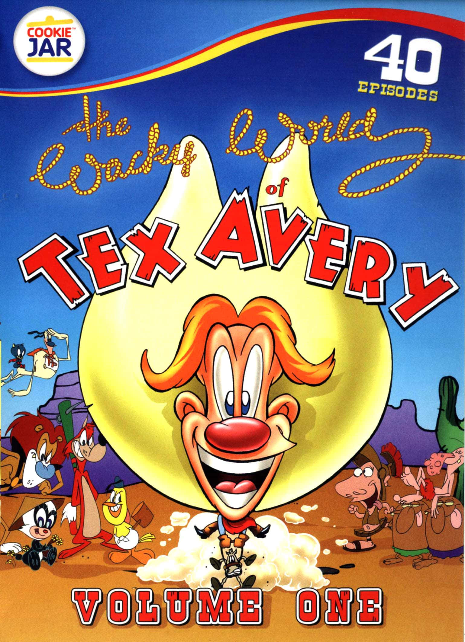 The Wacky World Of Tex Avery 桌布 壁紙 — 一個充滿活力的卡通封面， featuring Tex Avery 誇張的笑容，被經典 Looney Tunes 角色包圍在沙漠場景中。