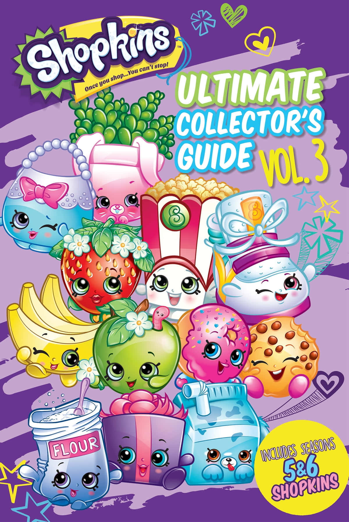Shopkins 桌布 壁紙 — 一個充滿活力的卡通封面，上面有微笑的擬人化食物，如草莓、香蕉和餅乾，在紫色背景上排列成歡樂的一堆。