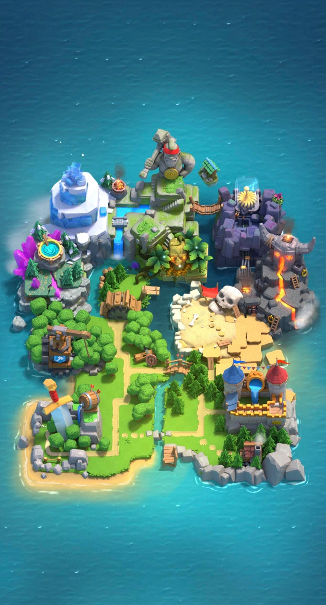 Clash Royale 桌布 壁紙 — 一個充滿活力的卡通島嶼，擁有色彩繽紛的城堡、樹木和熔岩流，被藍色海洋環繞。